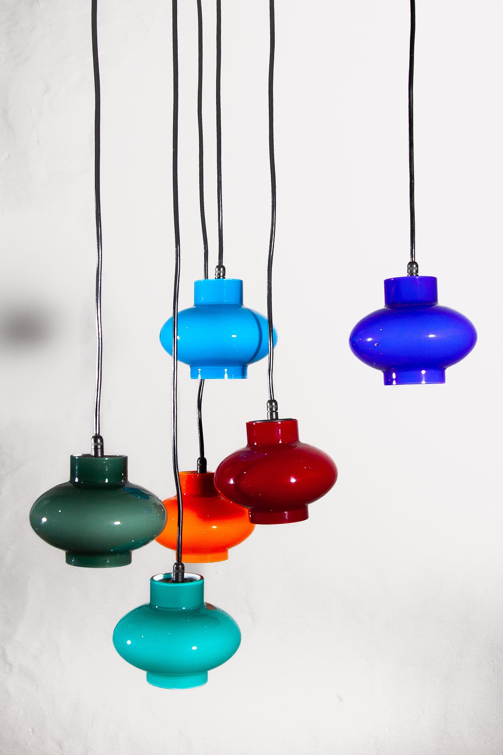 German Multi-colored Six Shades Cascade pendant designed by Peill & Putzler For Sale