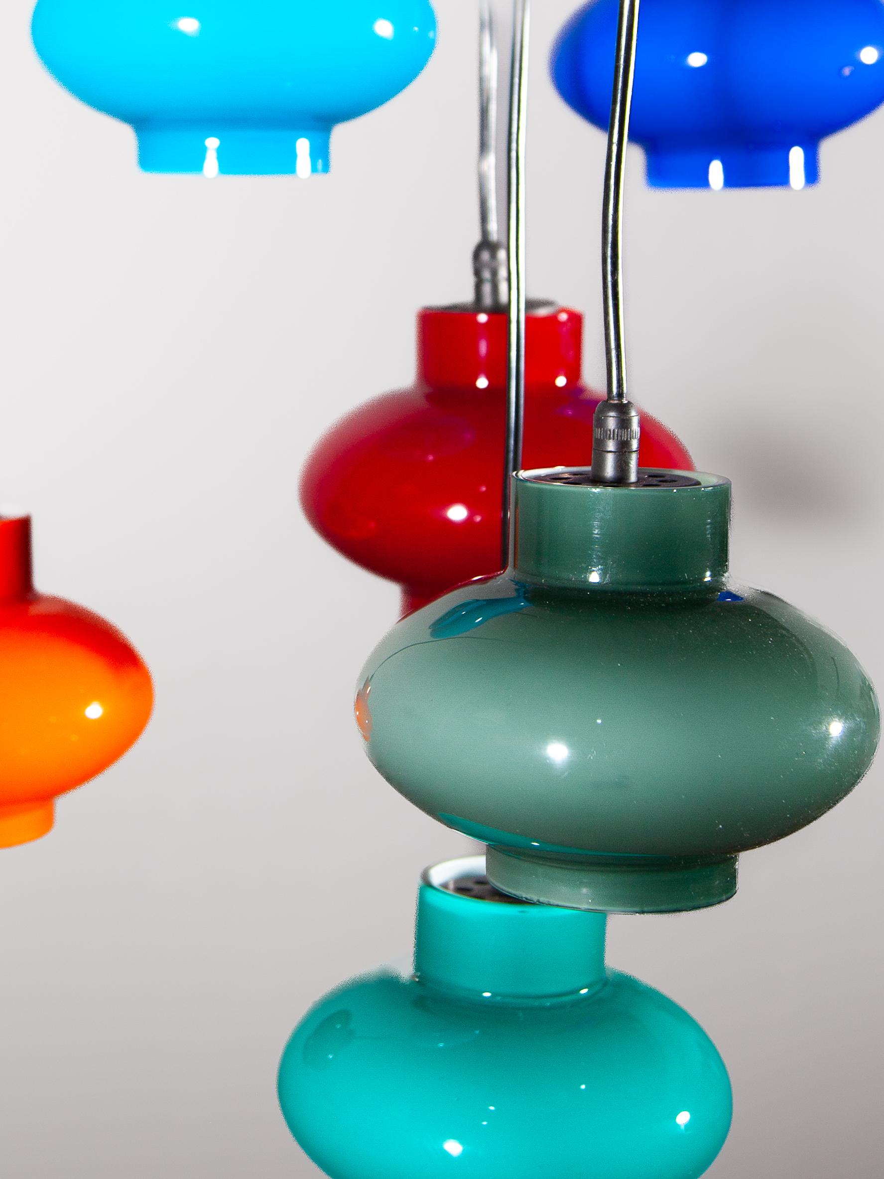 Opaline Glass Multi-colored Six Shades Cascade pendant designed by Peill & Putzler For Sale