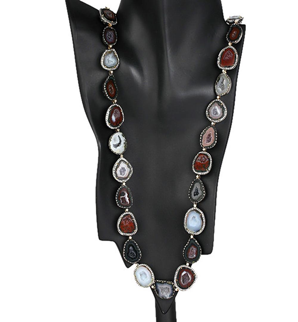 Artisan Multi Colored Sliced Geode Link Necklace with Pave Diamonds in 18k Gold & Silver For Sale