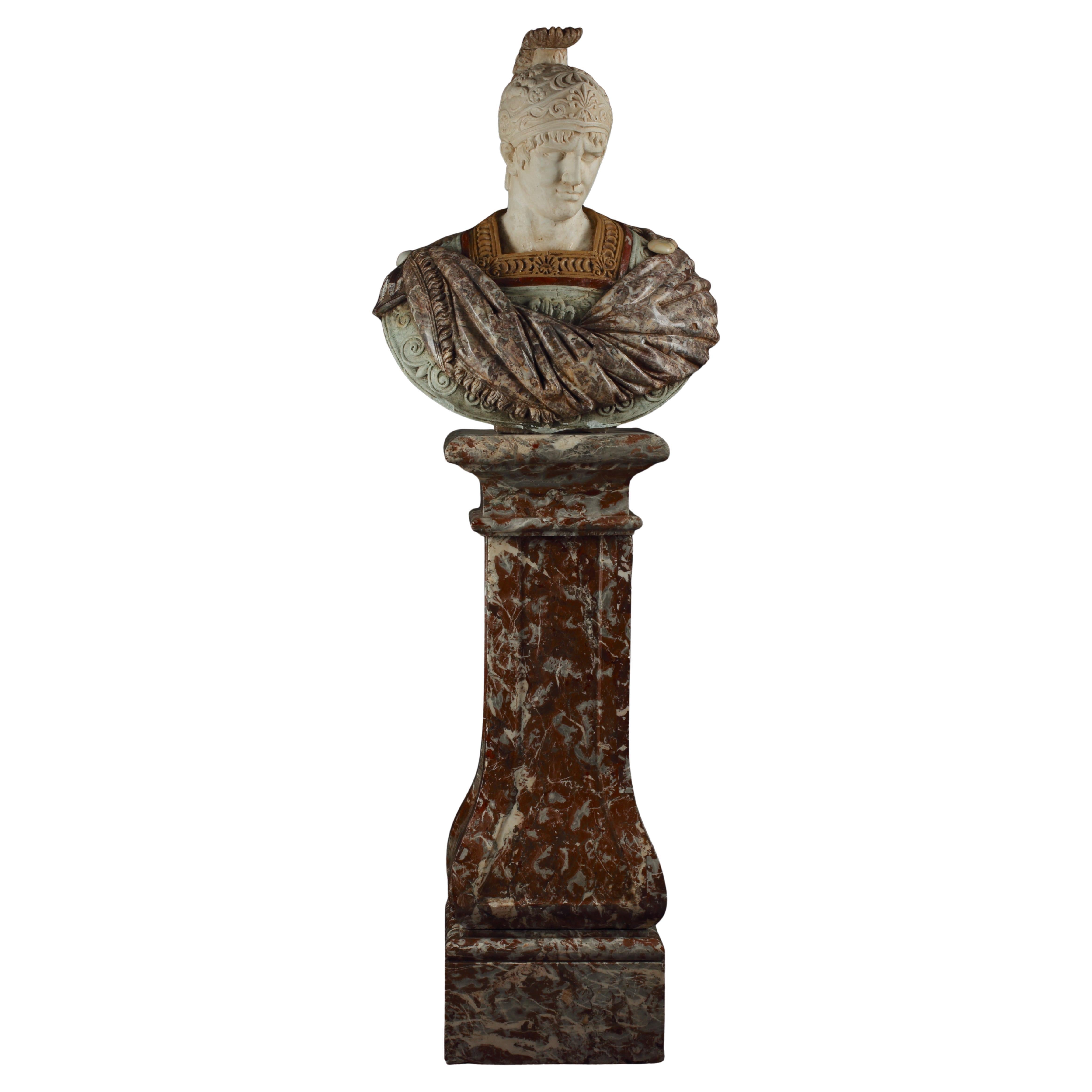 Multi-Colored Specimen Marble Bust on Pedestal After the Antique, Italian 19th c