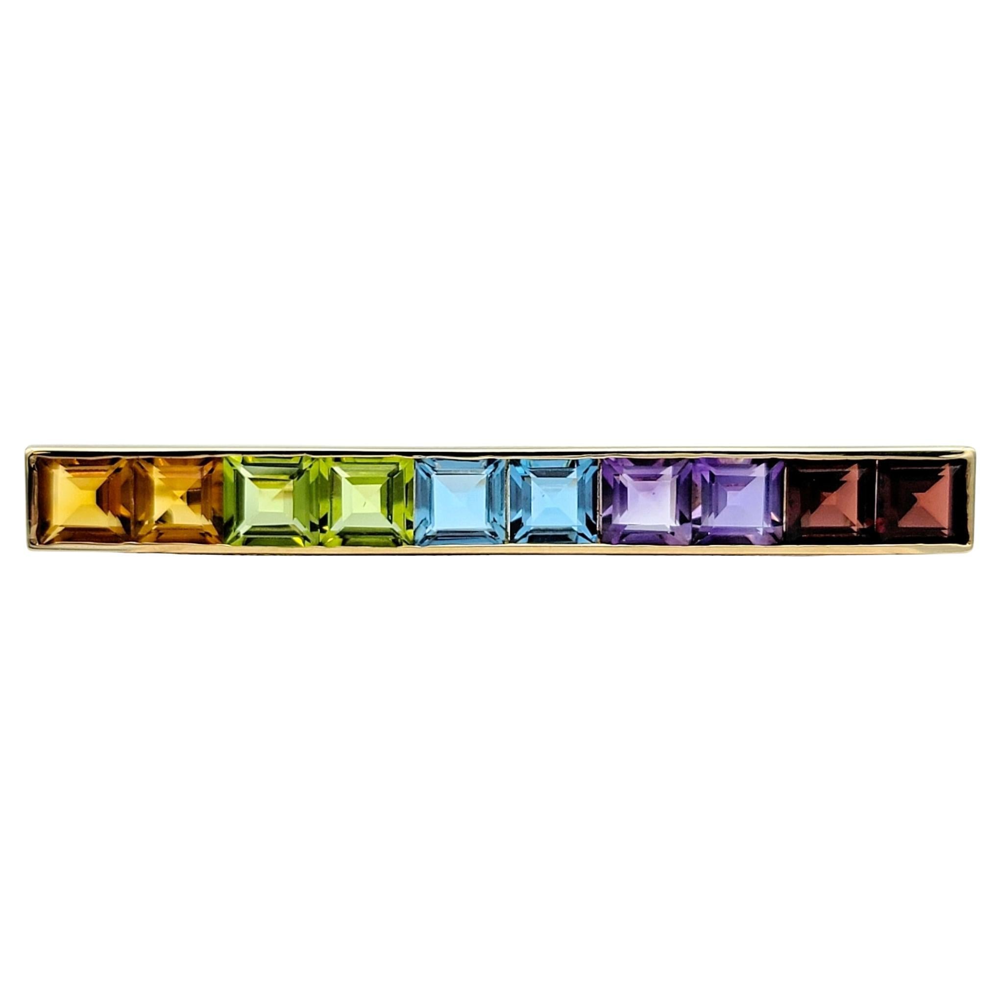 Multi-Colored Square Gemstone Rainbow Bar Pin / Brooch in 14 Karat Yellow Gold