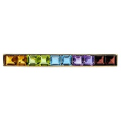 Multi-Colored Square Gemstone Rainbow Bar Pin / Brooch in 14 Karat Yellow Gold