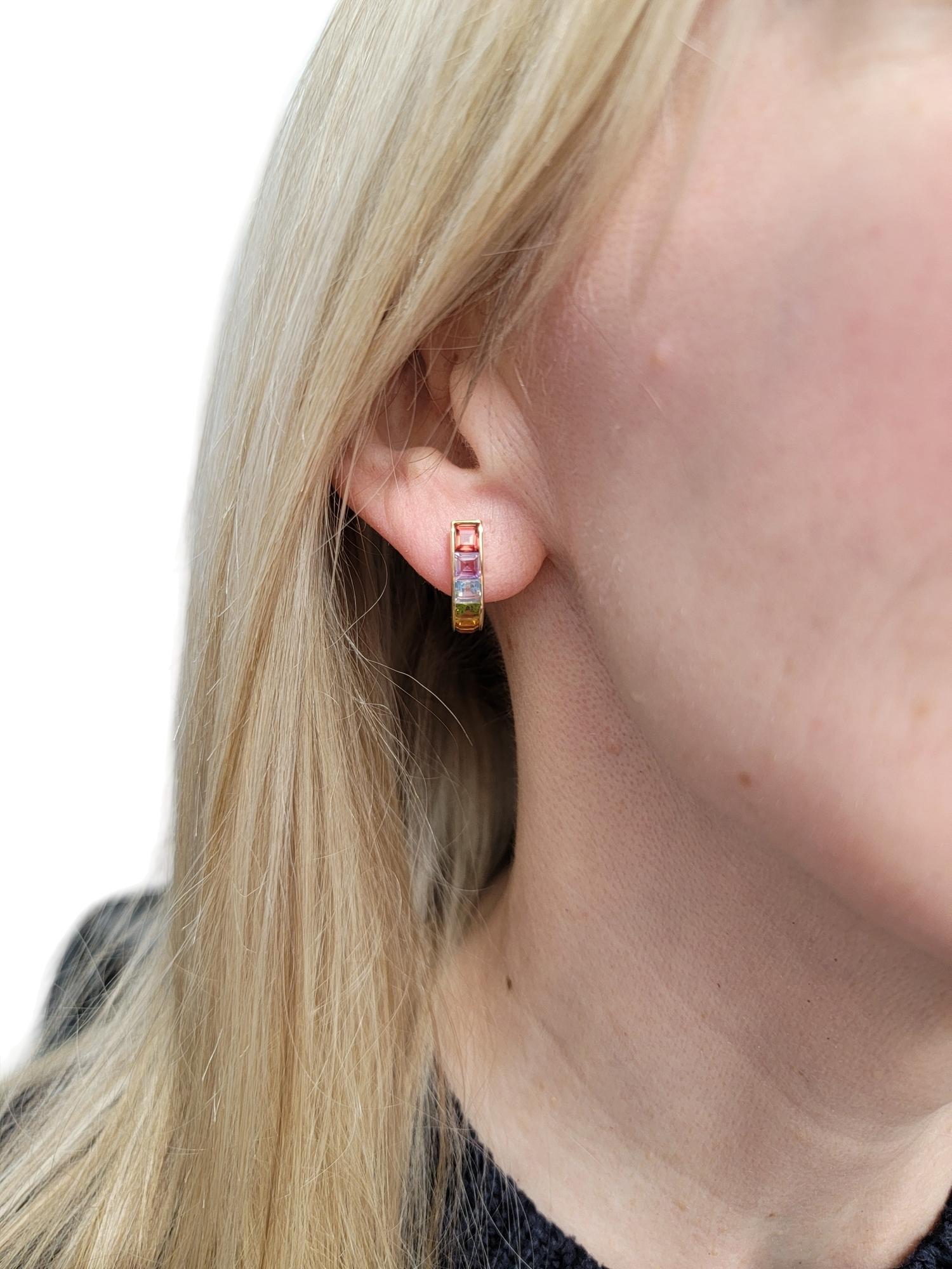 Multi-Colored Square Gemstone Rainbow J-Hoop Earrings in 14 Karat Yellow Gold For Sale 5