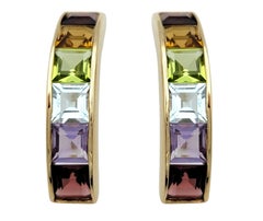 Multi-Colored Square Gemstone Rainbow J-Hoop Earrings in 14 Karat Yellow Gold