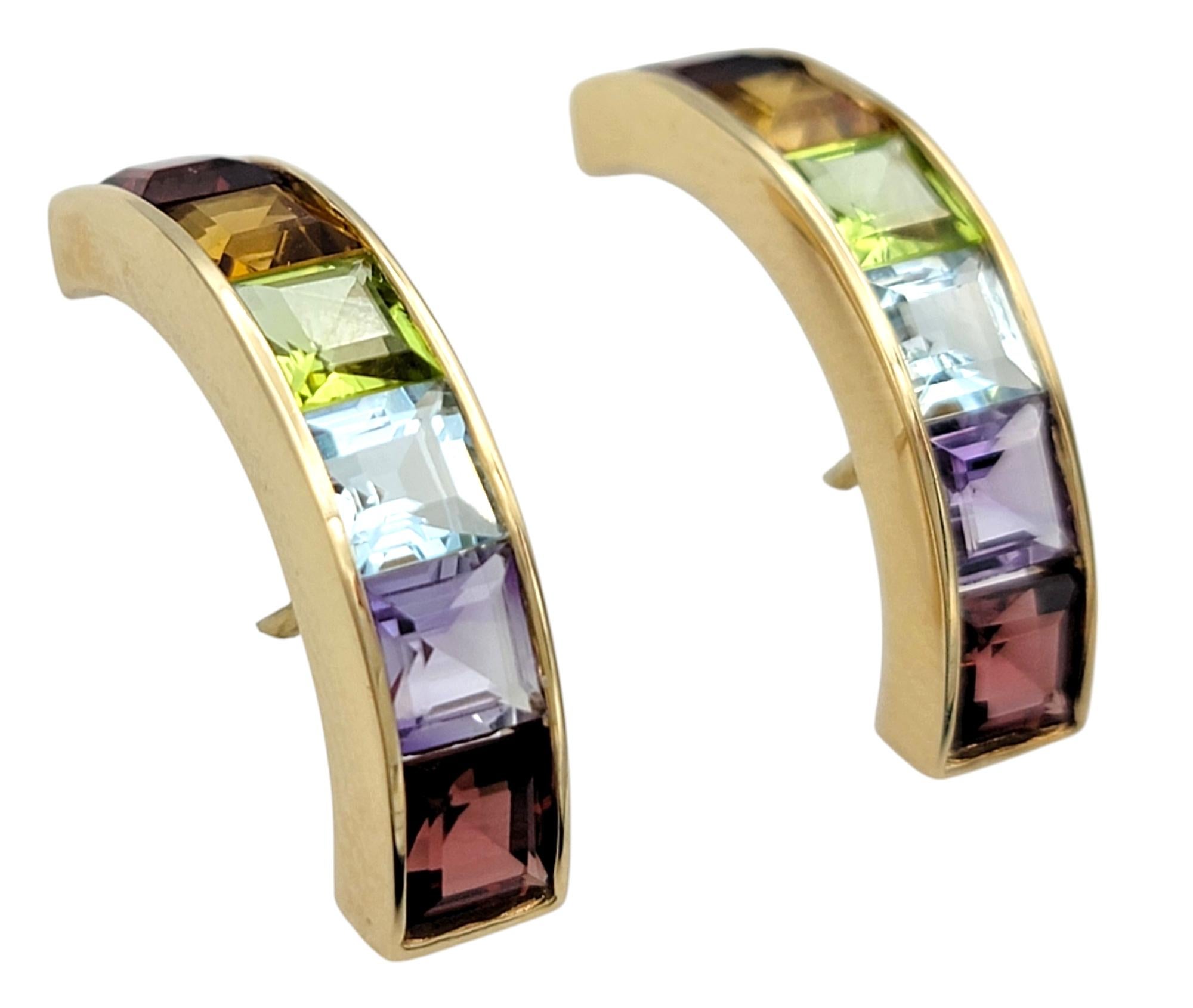 Contemporary Multi-Colored Square Gemstone Rainbow J-Hoop Earrings in 14 Karat Yellow Gold For Sale