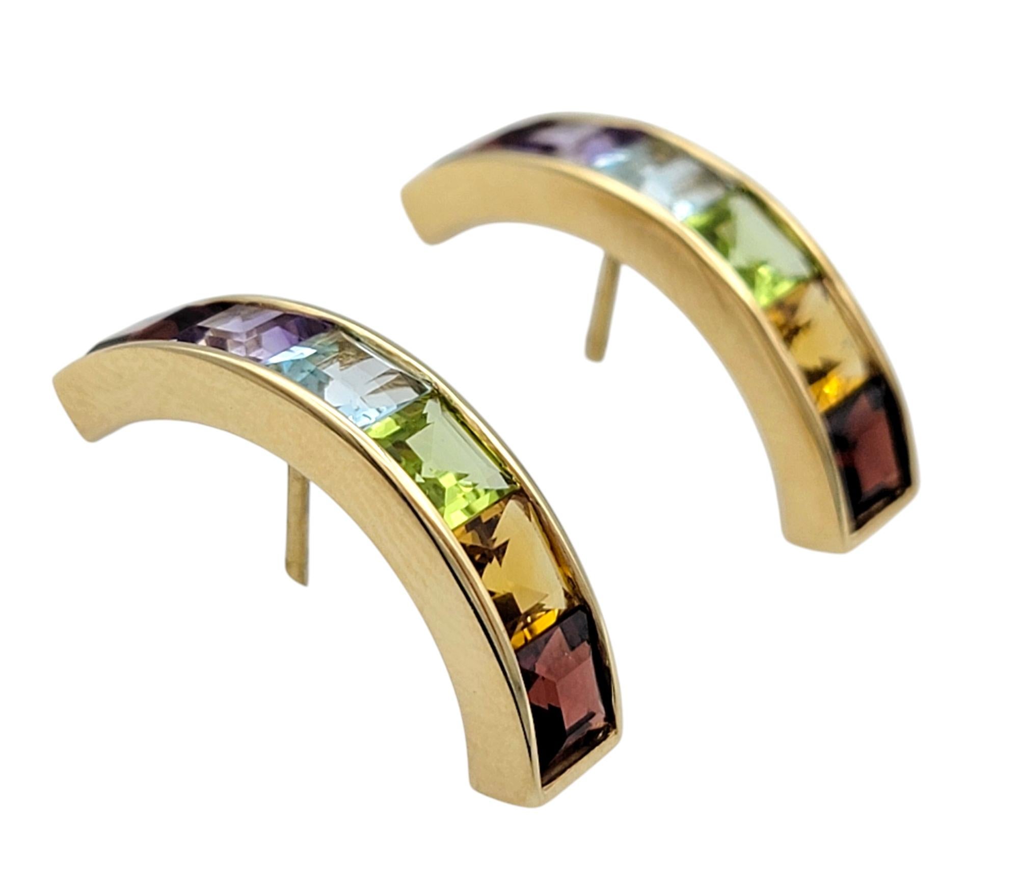 Square Cut Multi-Colored Square Gemstone Rainbow J-Hoop Earrings in 14 Karat Yellow Gold For Sale