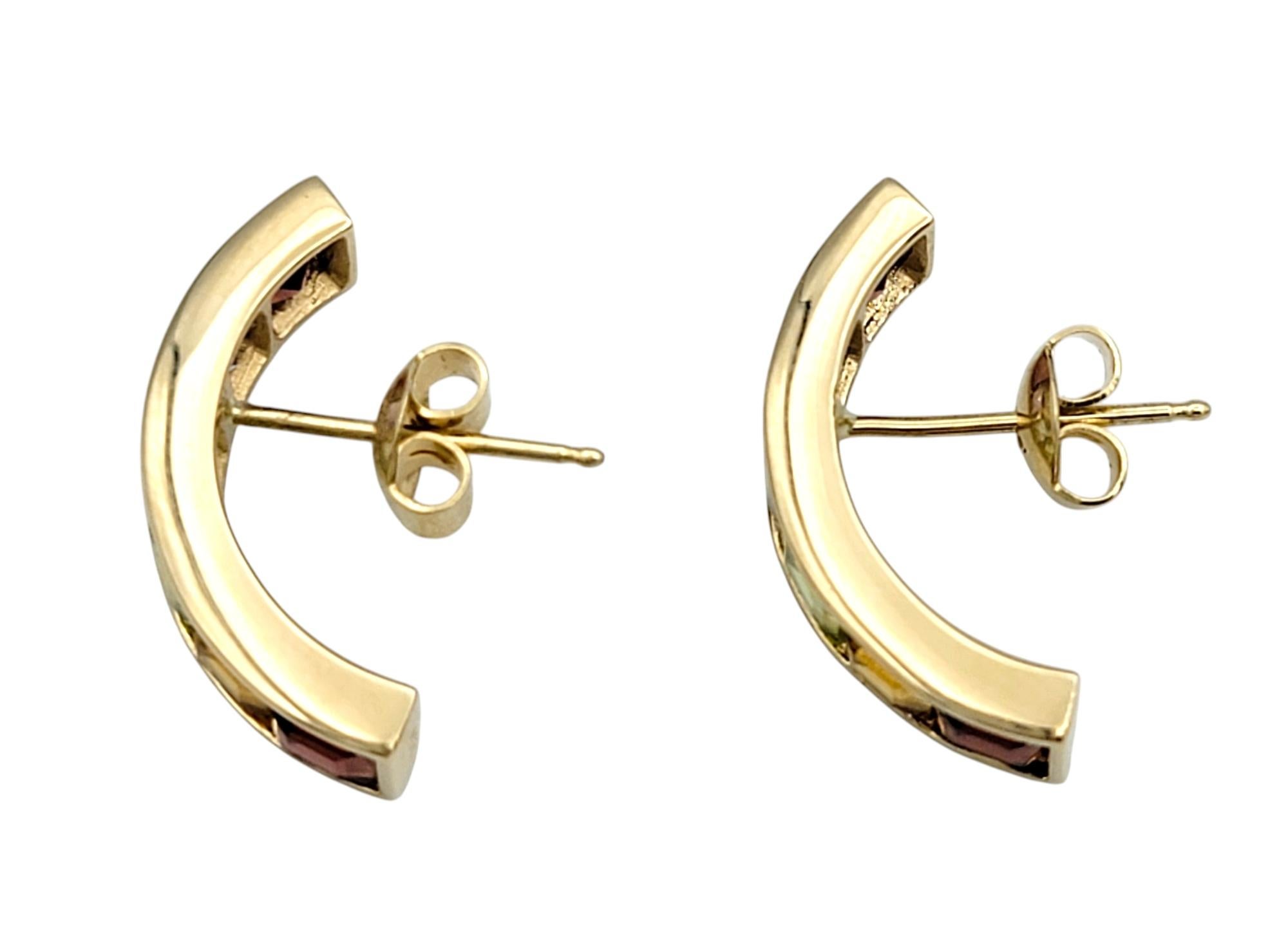 Multi-Colored Square Gemstone Rainbow J-Hoop Earrings in 14 Karat Yellow Gold In Good Condition For Sale In Scottsdale, AZ