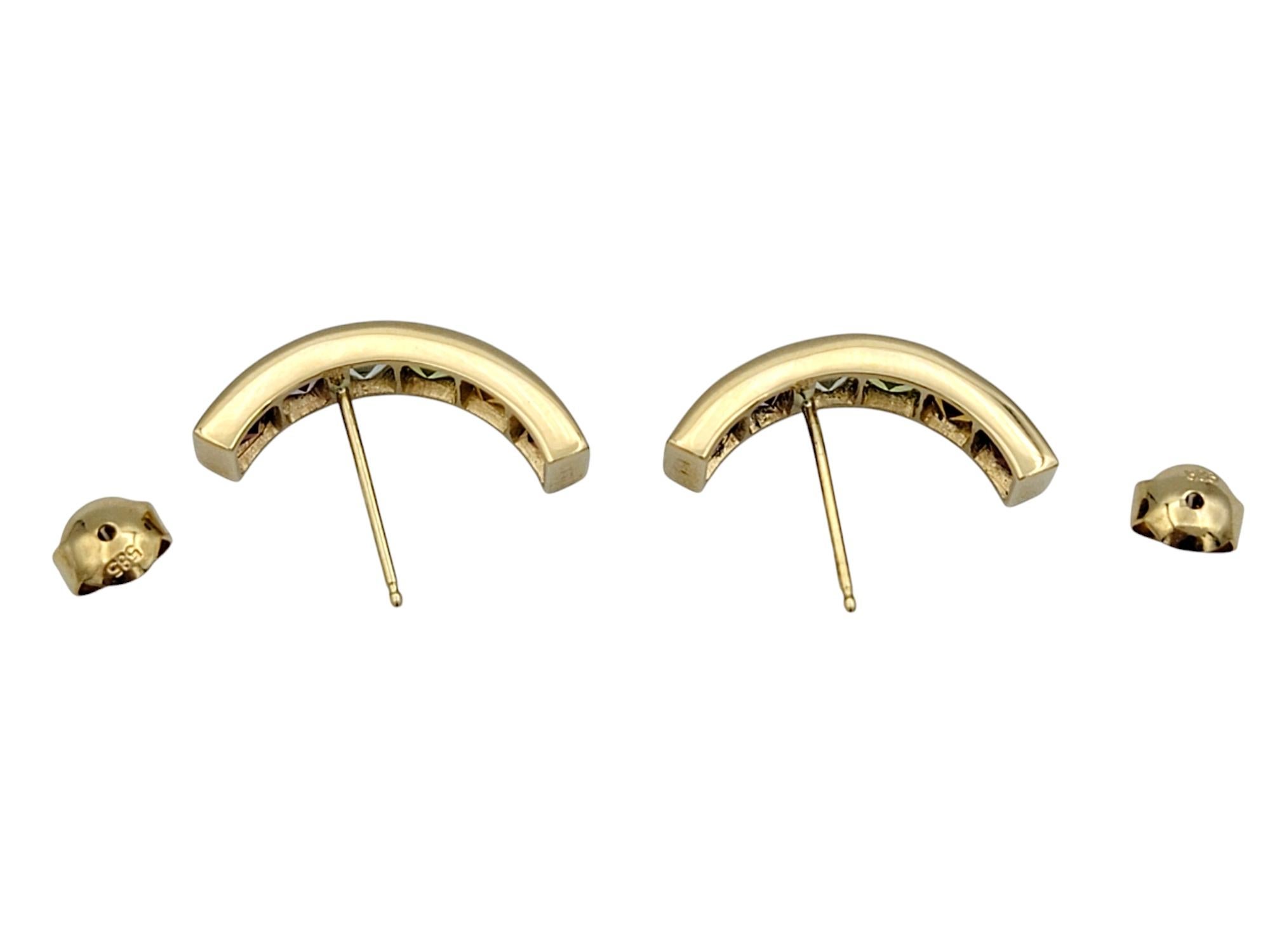 Women's Multi-Colored Square Gemstone Rainbow J-Hoop Earrings in 14 Karat Yellow Gold For Sale