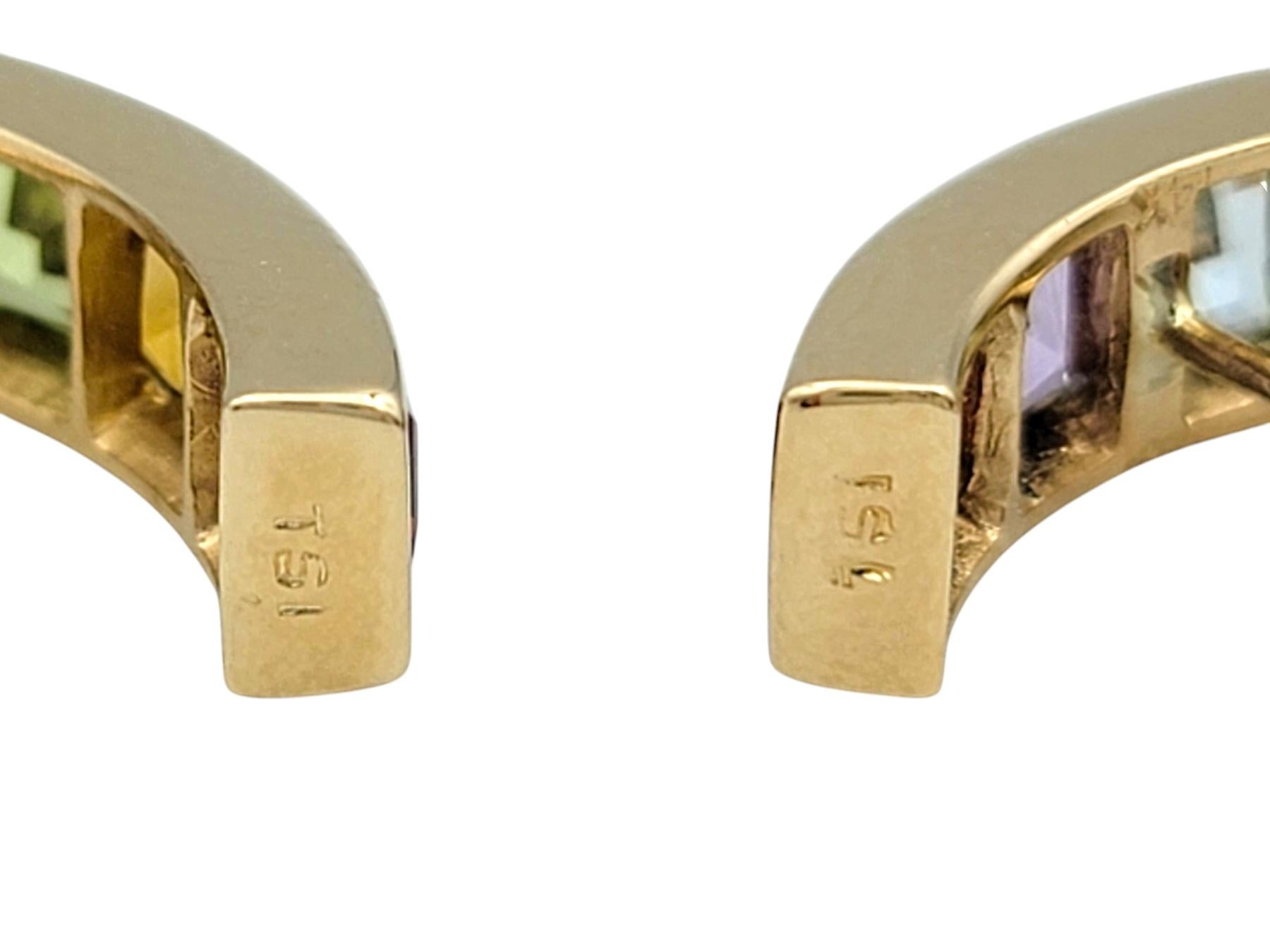 Multi-Colored Square Gemstone Rainbow J-Hoop Earrings in 14 Karat Yellow Gold For Sale 1