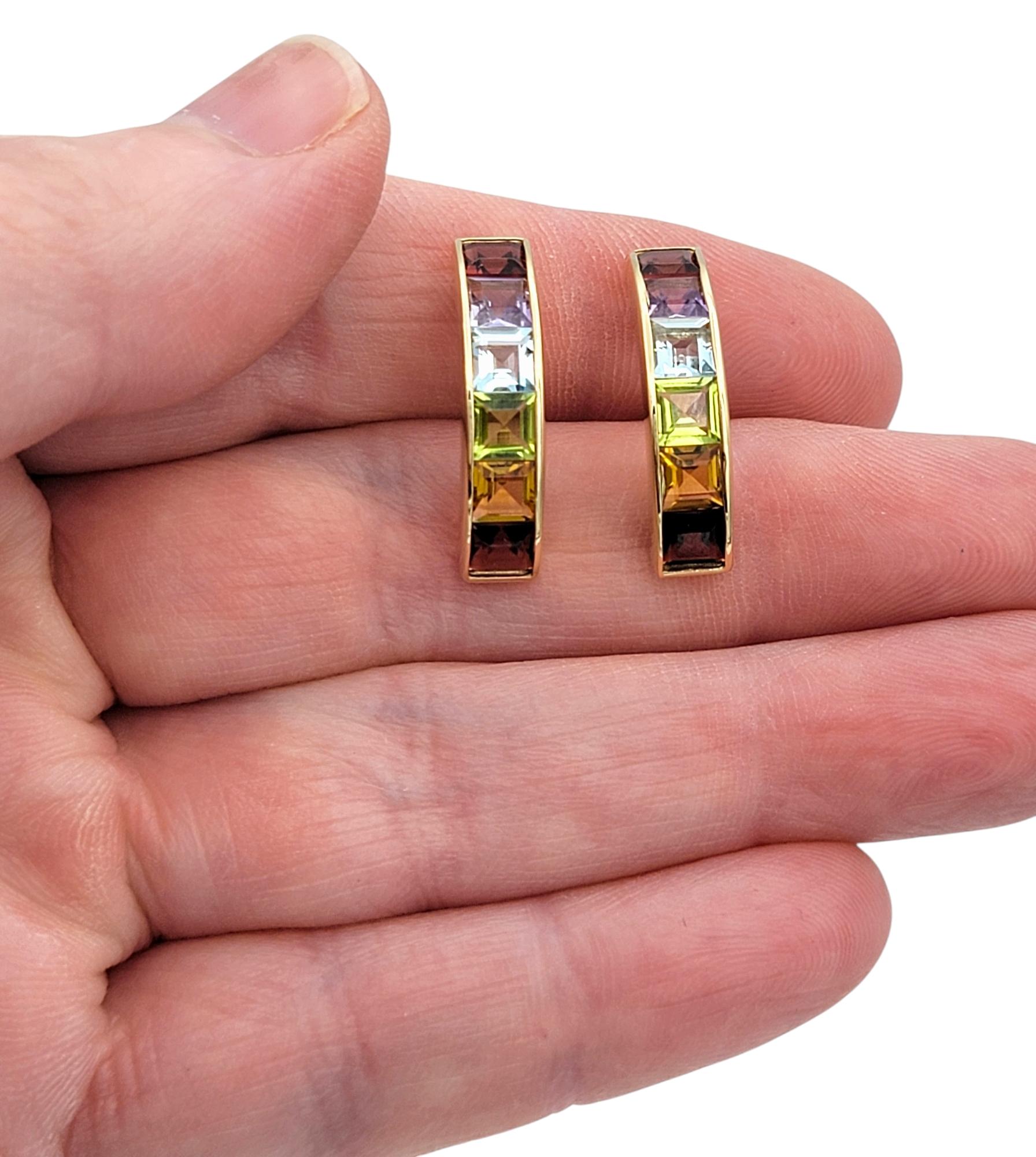 Multi-Colored Square Gemstone Rainbow J-Hoop Earrings in 14 Karat Yellow Gold For Sale 2