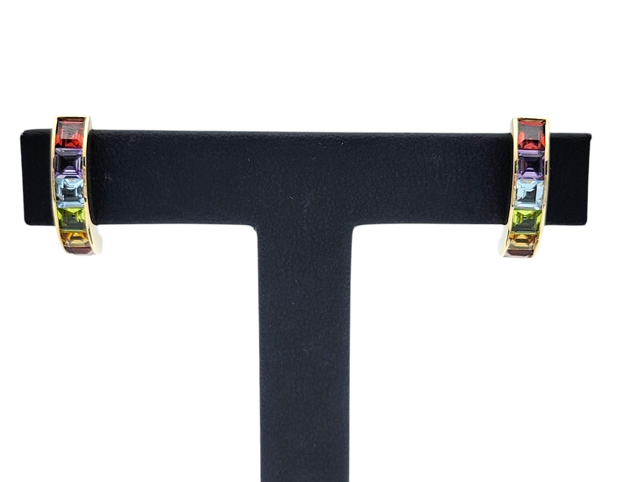 Multi-Colored Square Gemstone Rainbow J-Hoop Earrings in 14 Karat Yellow Gold For Sale 3