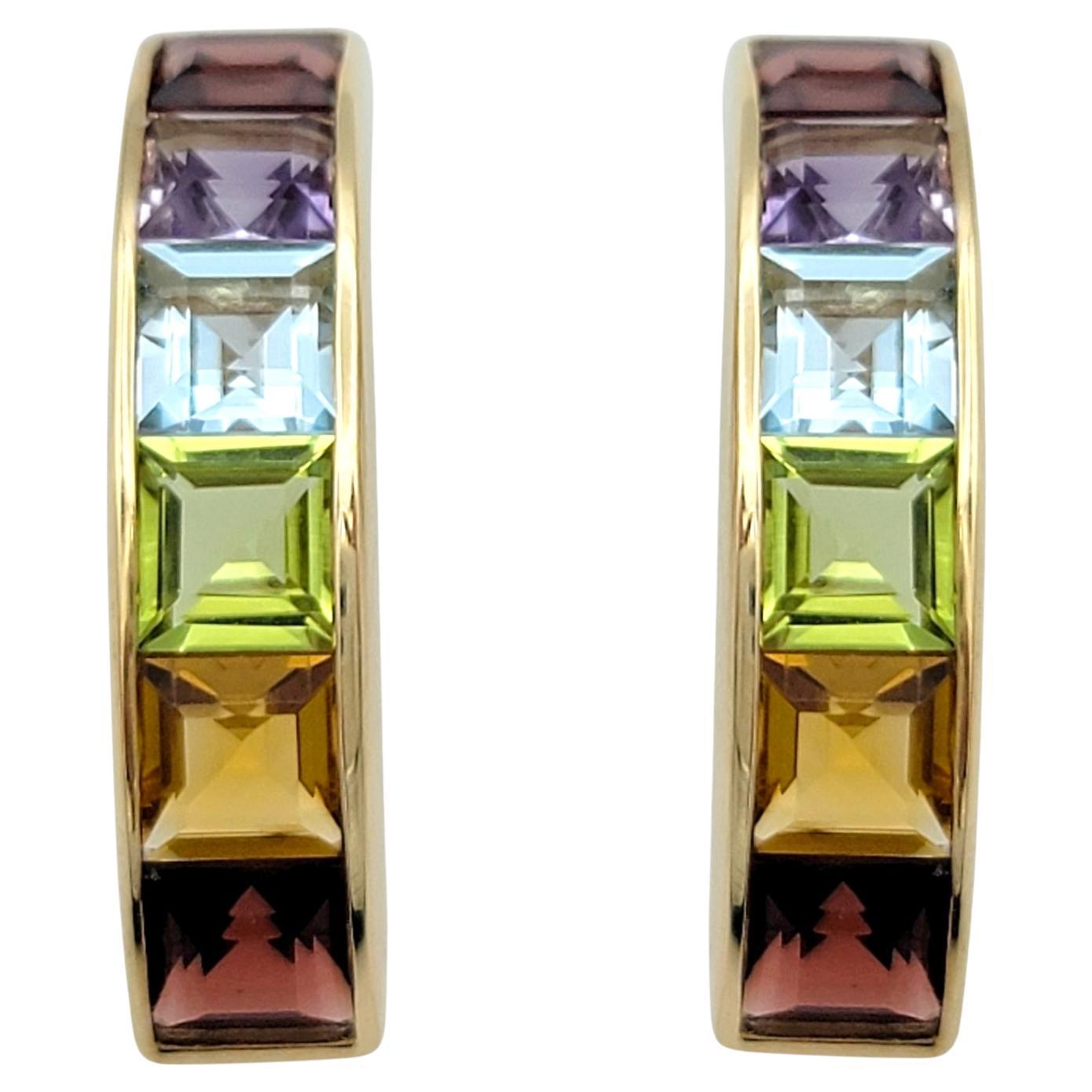 Multi-Colored Square Gemstone Rainbow J-Hoop Earrings in 14 Karat Yellow Gold