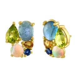 Multi Colored Stone Cluster Stud Earring with Sapphires, Peridot, Aqua