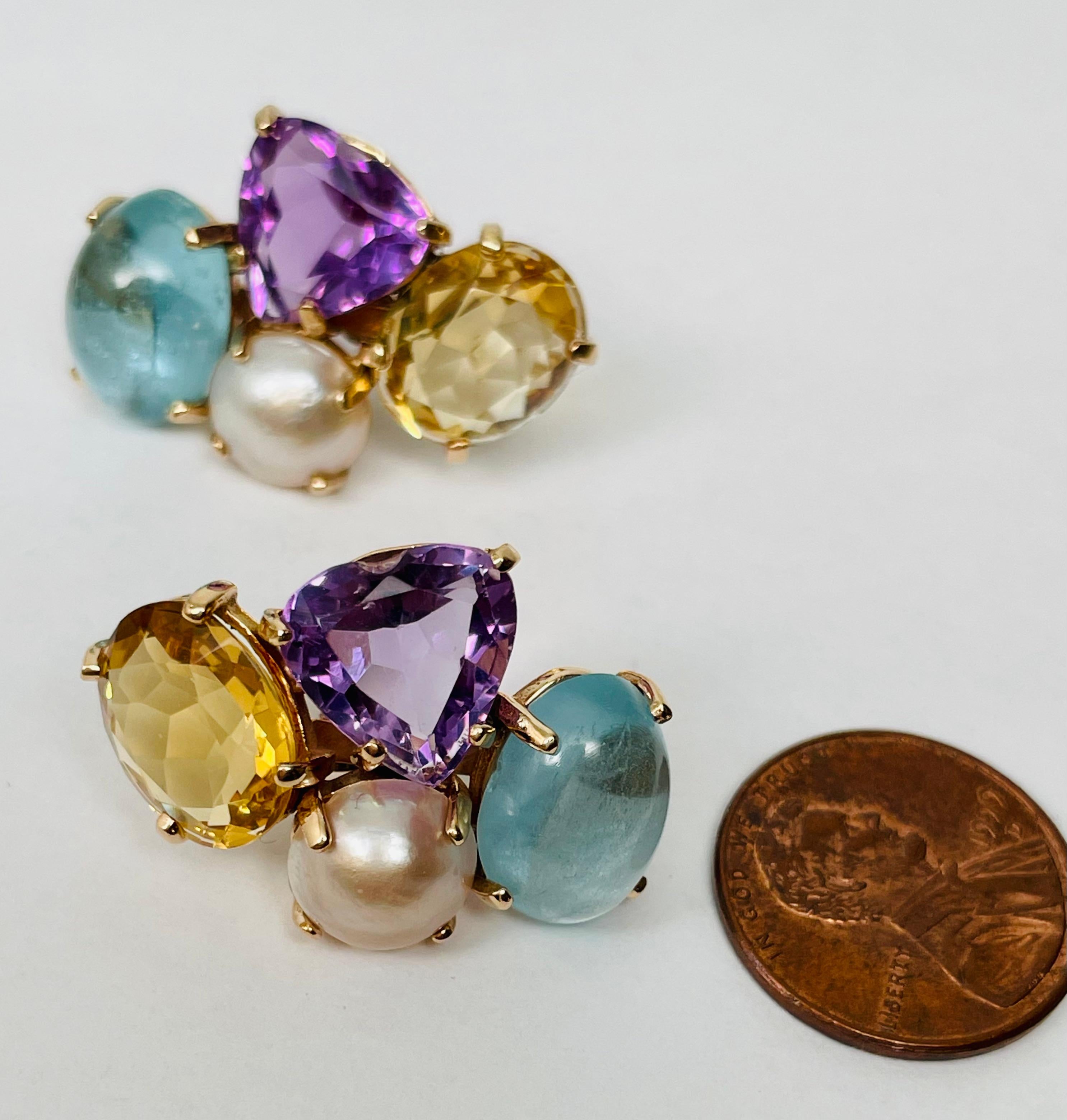 Modernist Multi-Colored Stone Earrings with Amethyst, Aquamarine, Citrine and Pearl