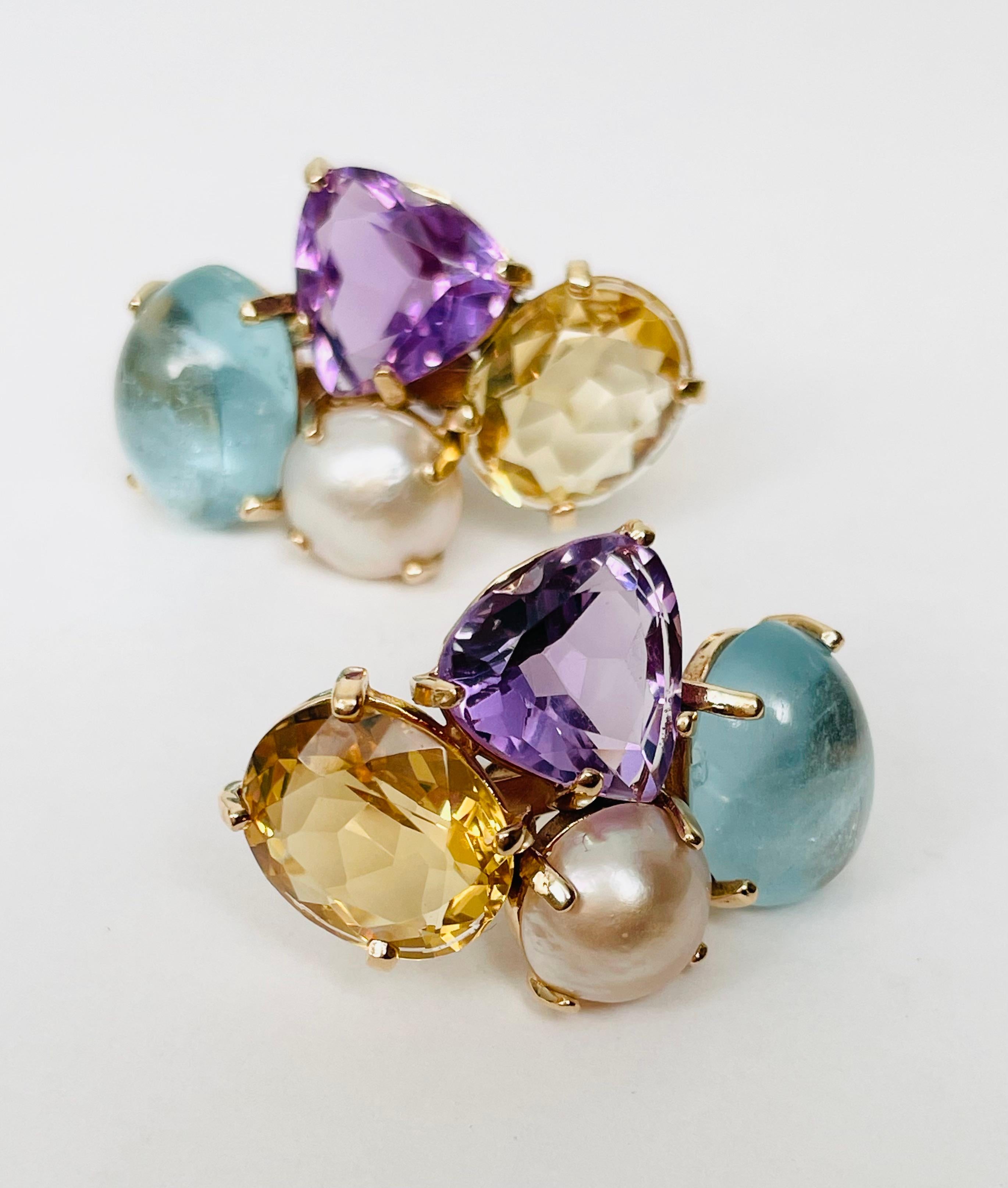 Oval Cut Multi-Colored Stone Earrings with Amethyst, Aquamarine, Citrine and Pearl