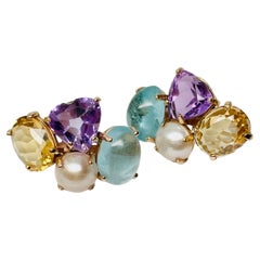 Vintage Multi-Colored Stone Earrings with Amethyst, Aquamarine, Citrine and Pearl
