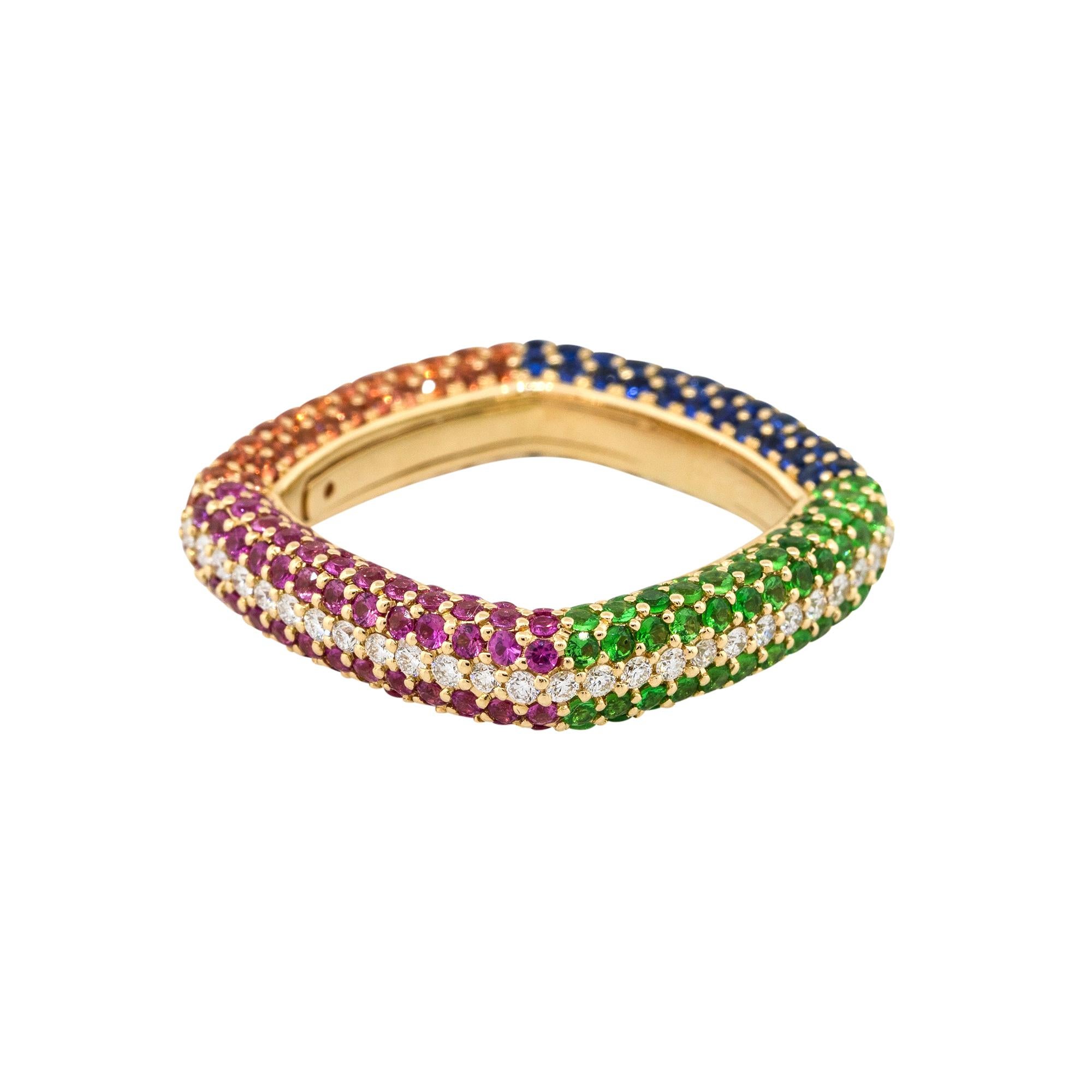 Material: 18k Yellow gold
Diamond details: Approx. 0.50ctw of round cut diamonds. Diamonds are G/H in color and VS in clarity
Gemstone details: Approx. 0.85ctw of round cut sapphires Approx. 2.46ctw of round cut pink sapphires
Ring Size: 6.5 
Total