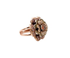 Multicolored Stones, 9 Karat Rose Gold and Silver Flower Ring