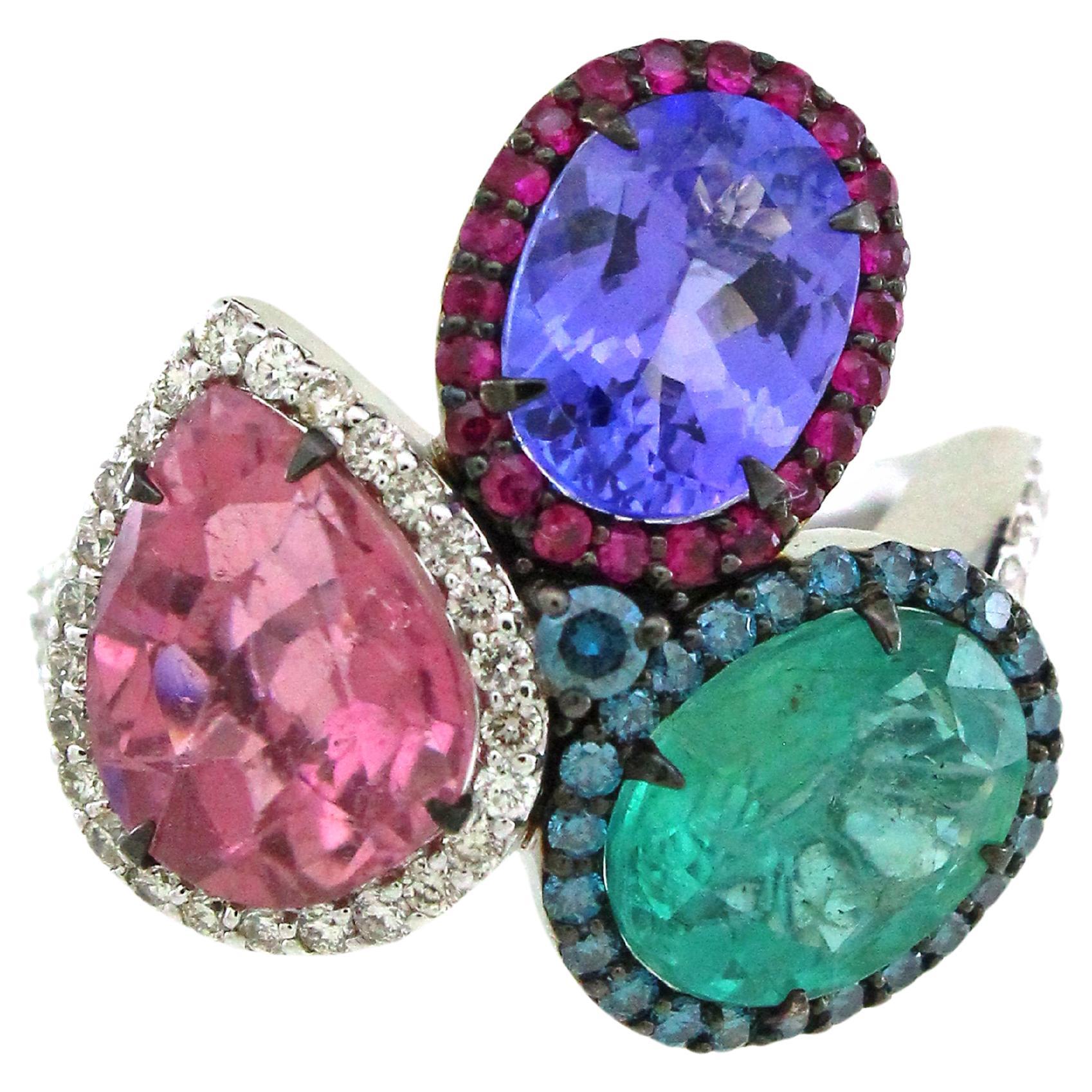 Multi colored Three stone ring  For Sale