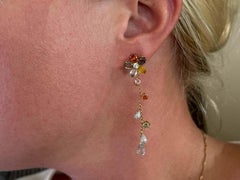 Multi Colored Topaz and Amethyst Flower Dangly Drop Earrings 14K Yellow Gold