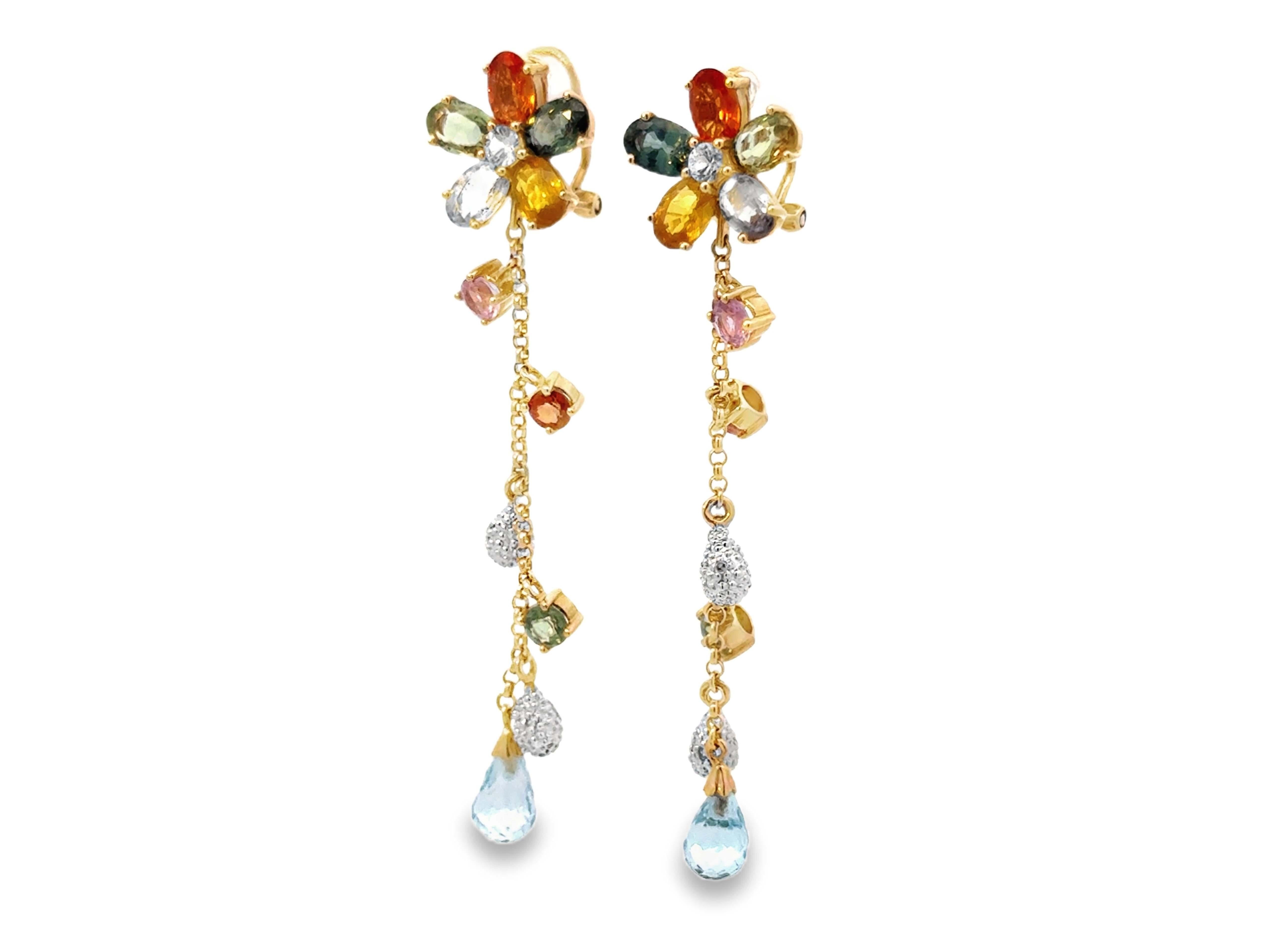 Pendientes Colgantes Flor Topacio Multicolor y Amatista Oro Amarillo 14K Corte oval en venta
