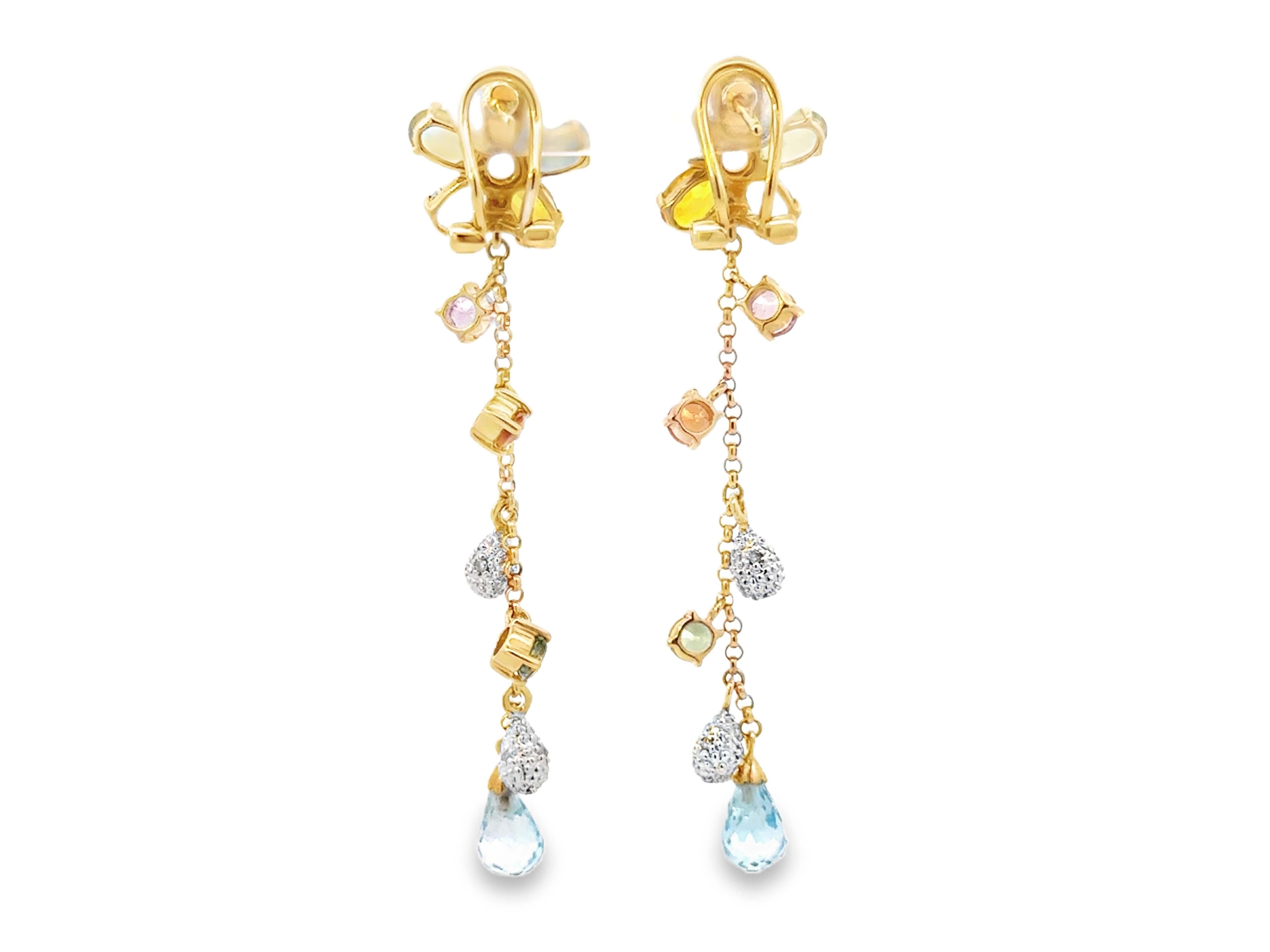 Pendientes Colgantes Flor Topacio Multicolor y Amatista Oro Amarillo 14K en venta 1