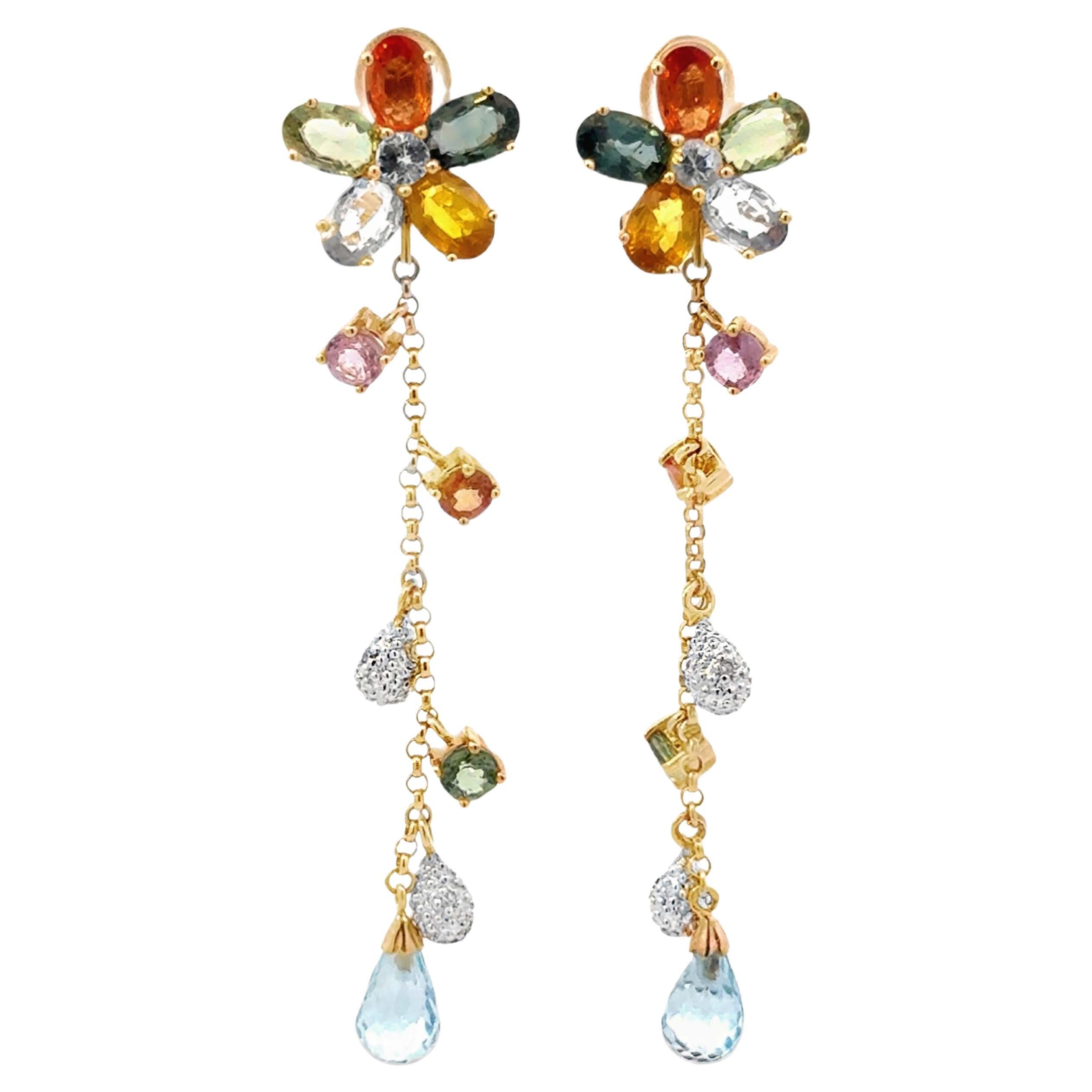 Multi Colored Topaz and Amethyst Flower Dangly Drop Earrings 14K Yellow Gold