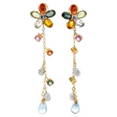 Multi Colored Topaz and Amethyst Flower Dangly Drop Earrings 14K Yellow Gold
