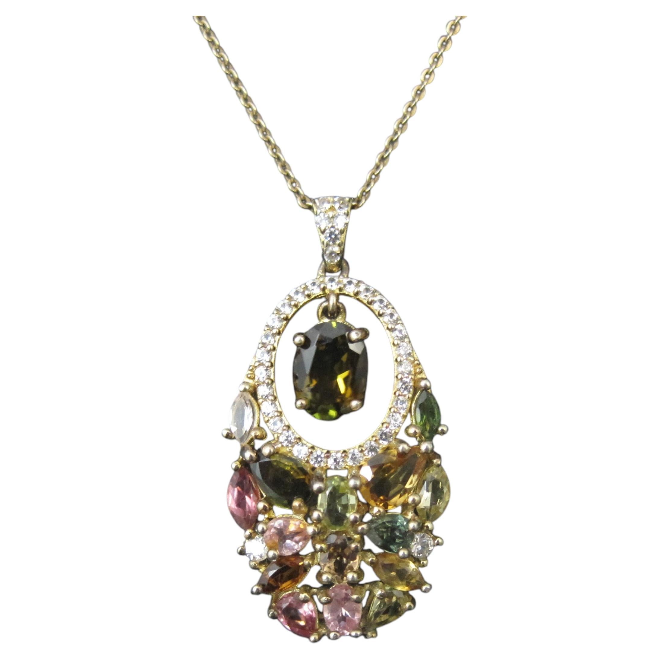 Multi Colored Tourmaline and White Topaz Pendant Necklace 925 Gold Vermeil