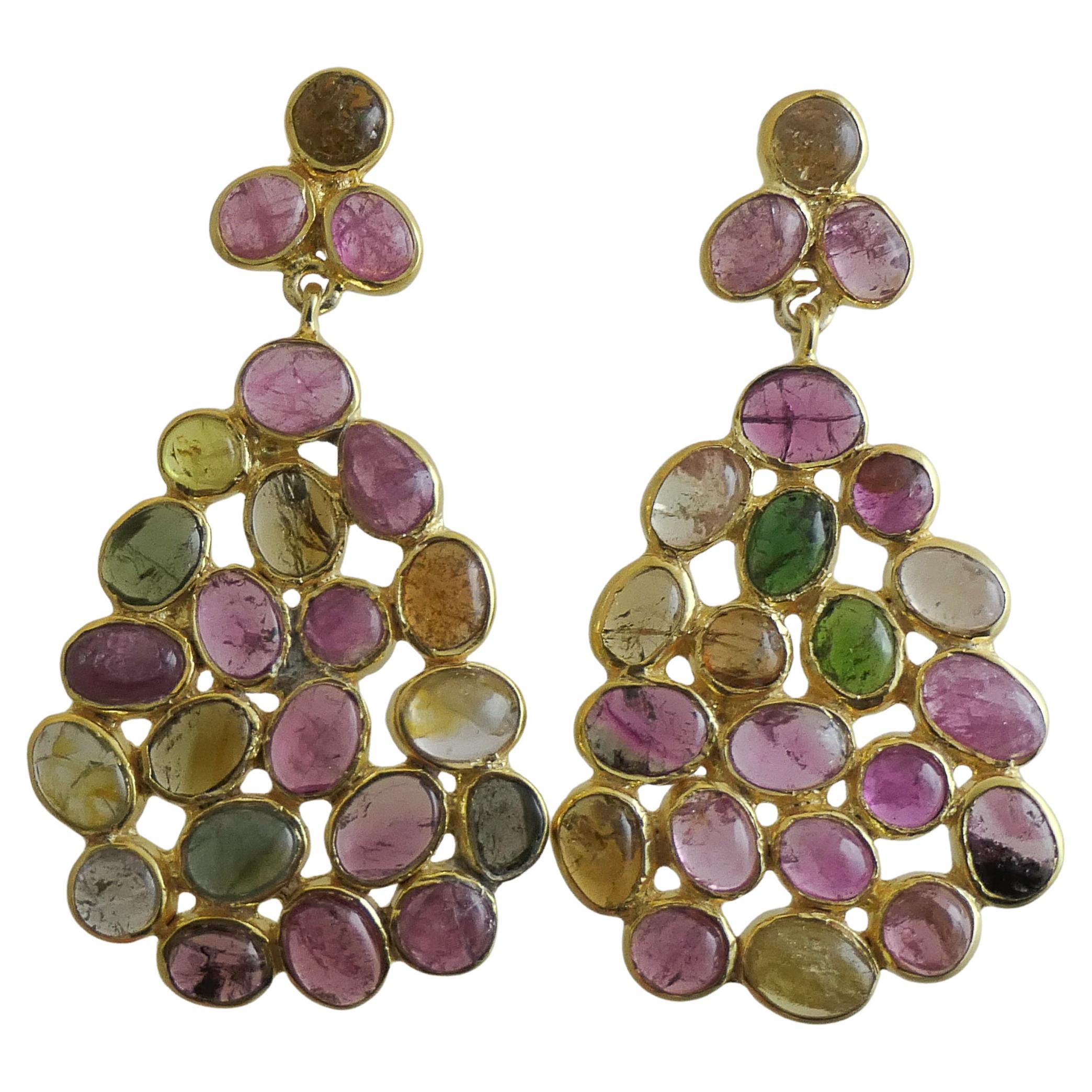 Gold-Plated Sterling Silver Multicolor Tourmaline Drop Earrings, New