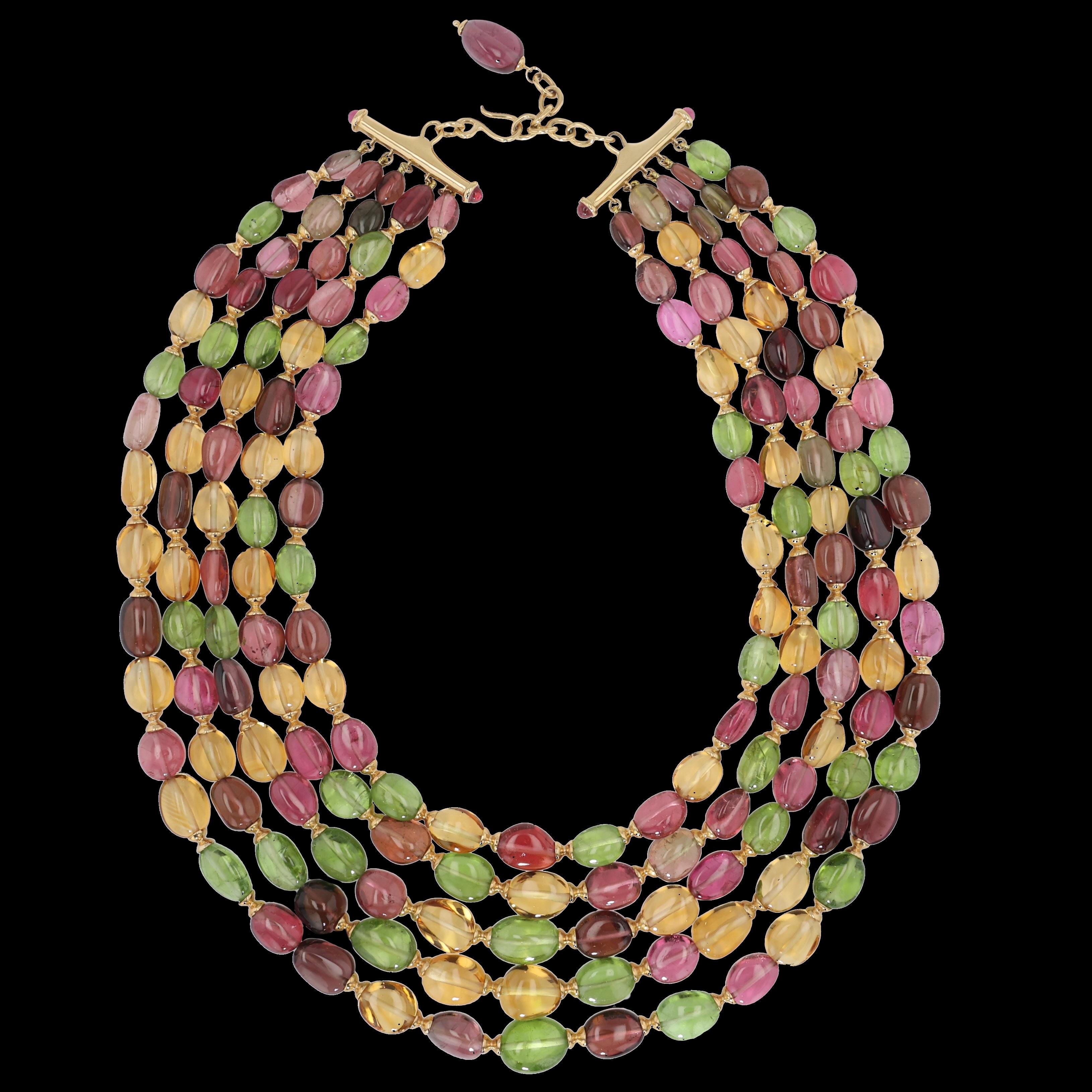 Perle Collier à 5 rangs de tourmalines multicolores, péridots, citrine et 18 carats Syna en vente