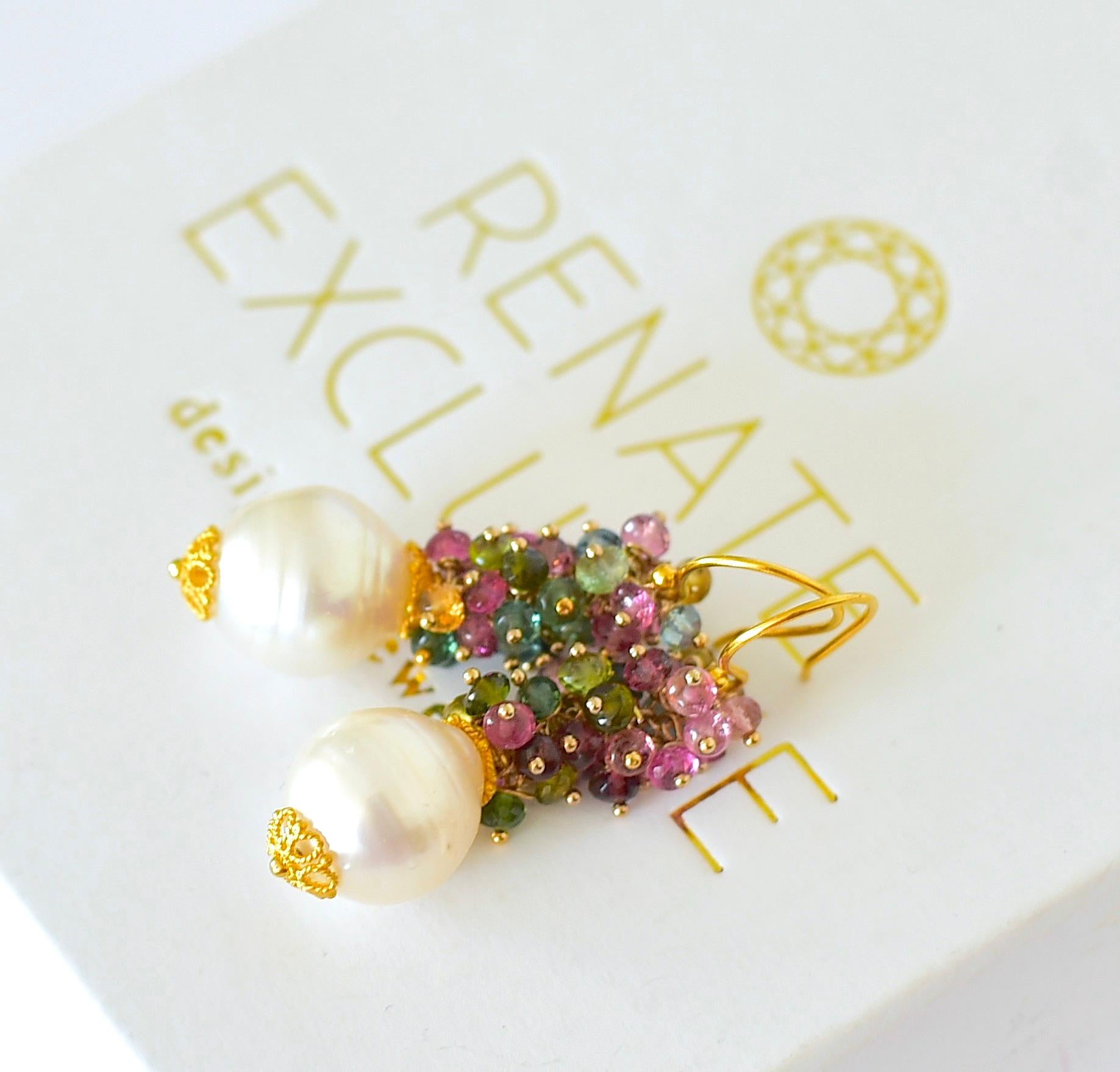 Round Cut Multi Color Tourmaline, South Sea Pearl Earrings in 18k Solid Yellow Gold For Sale