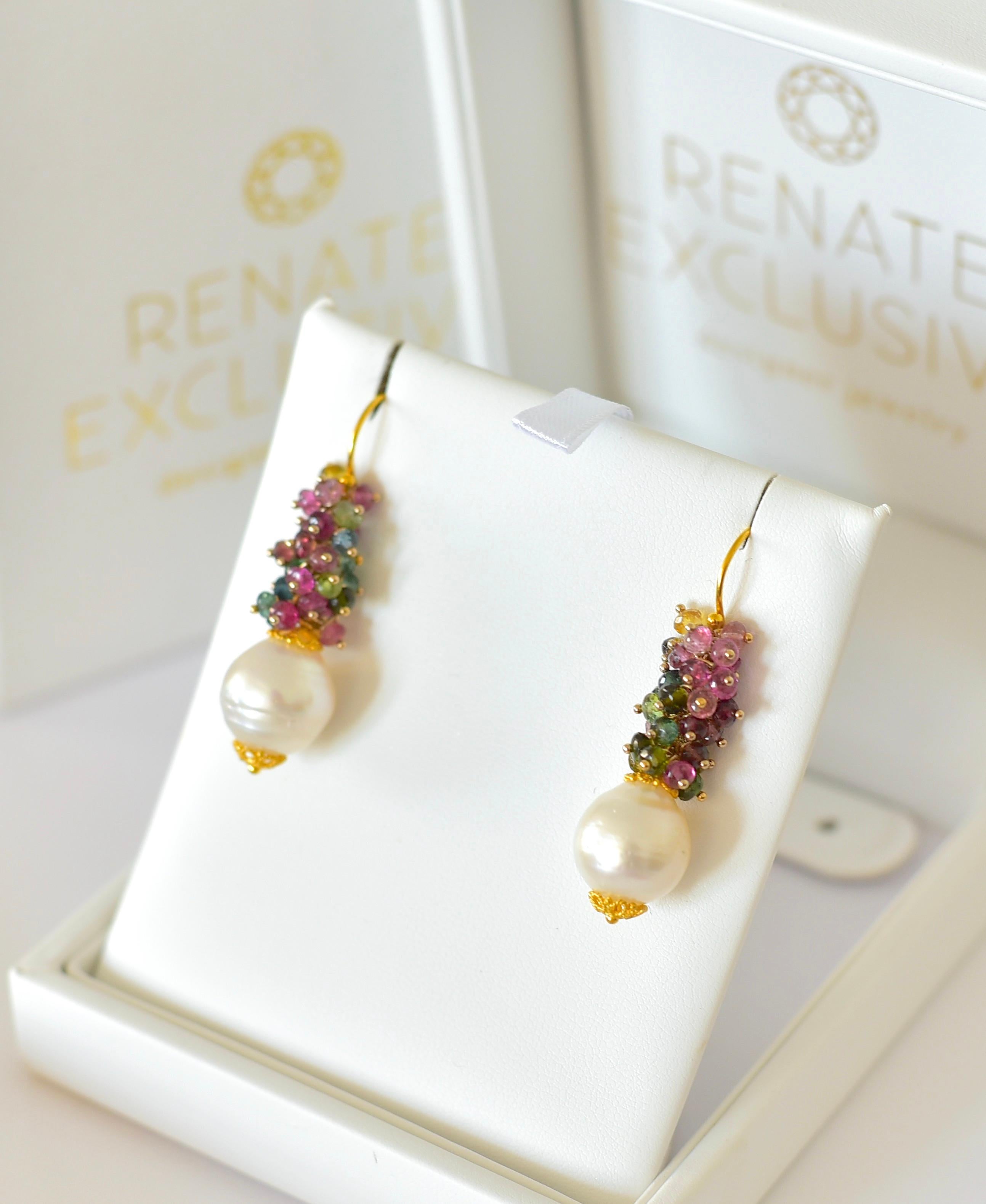 Multi Color Tourmaline, South Sea Pearl Earrings in 18k Solid Yellow Gold In New Condition For Sale In Astoria, NY
