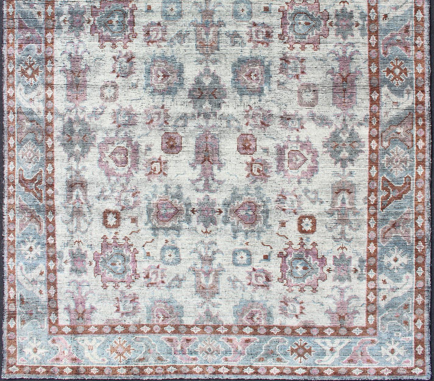 Indian Multi-Colored Transitional Design Distressed Rug in Ivory, Blue, Lavender For Sale