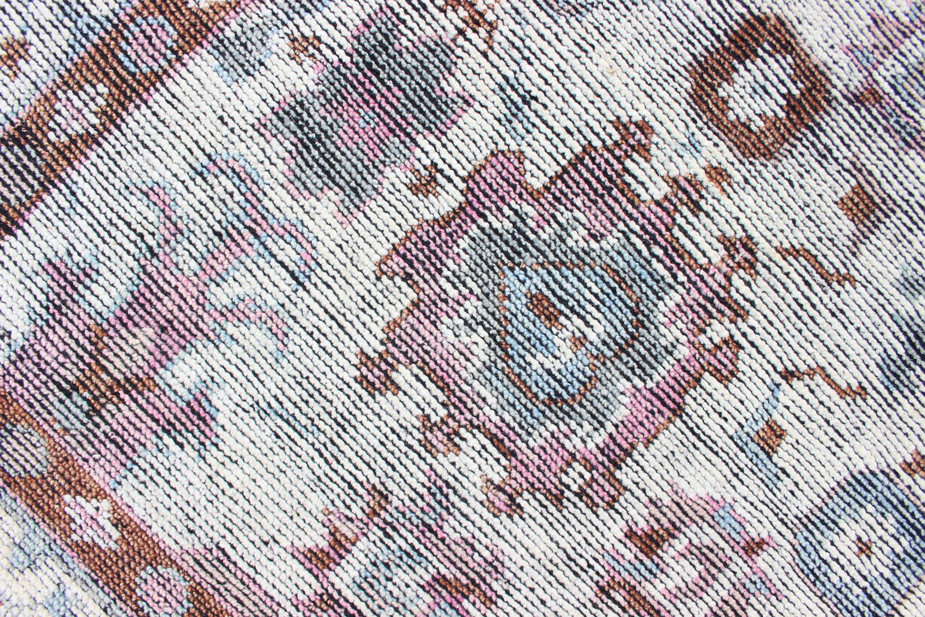 Hand-Knotted Multi-Colored Transitional Design Distressed Rug in Ivory, Blue, Lavender For Sale