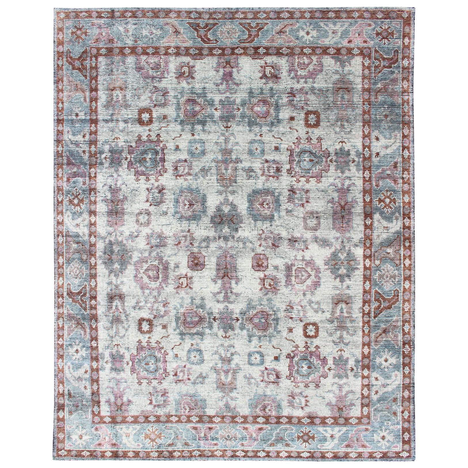 Multi-Colored Transitional Design Distressed Rug in Ivory, Blue, Lavender For Sale