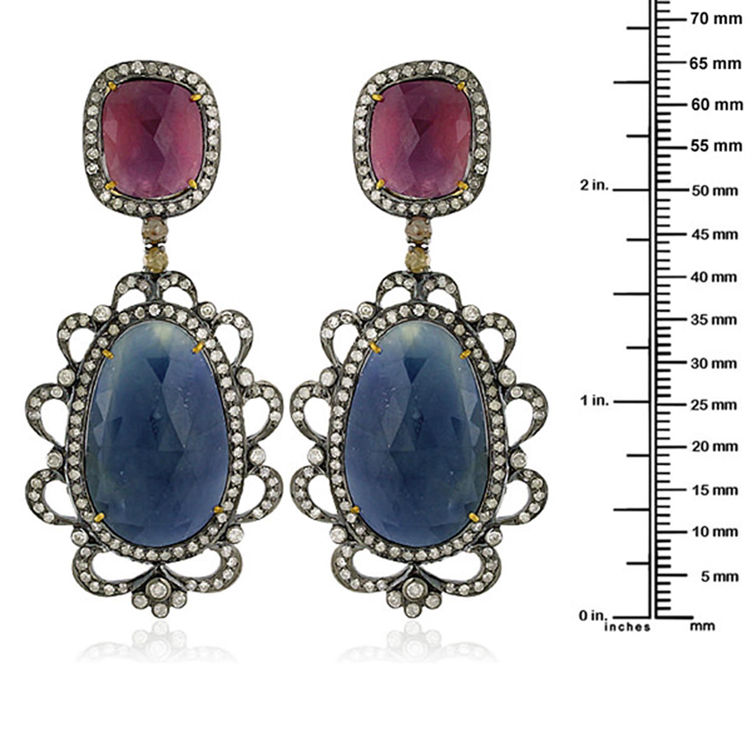 Artisan Multi Colored Two Tier Sapphire Earrings with Diamonds in 18k Gold & Silver For Sale