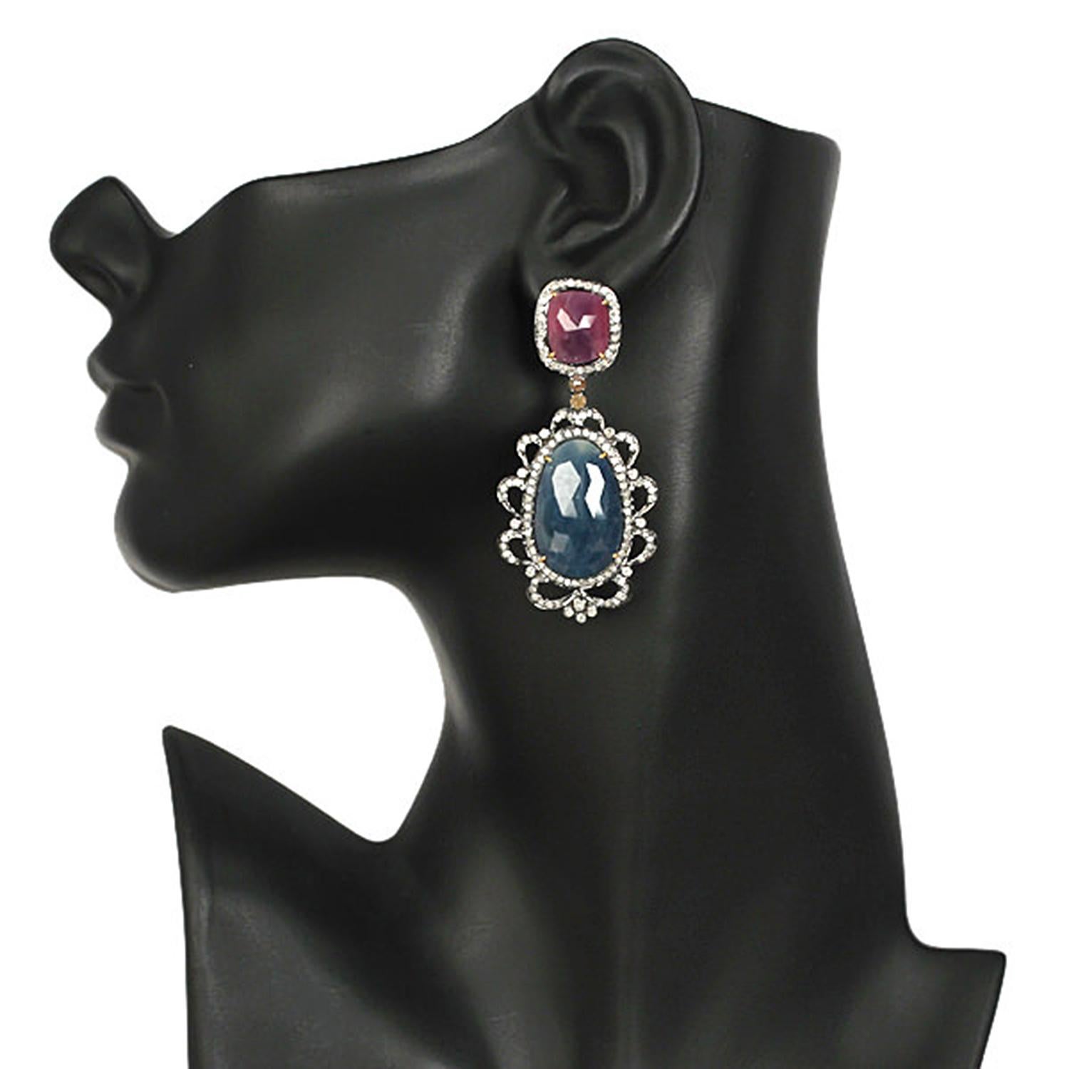 Mixed Cut Multi Colored Two Tier Sapphire Earrings with Diamonds in 18k Gold & Silver For Sale