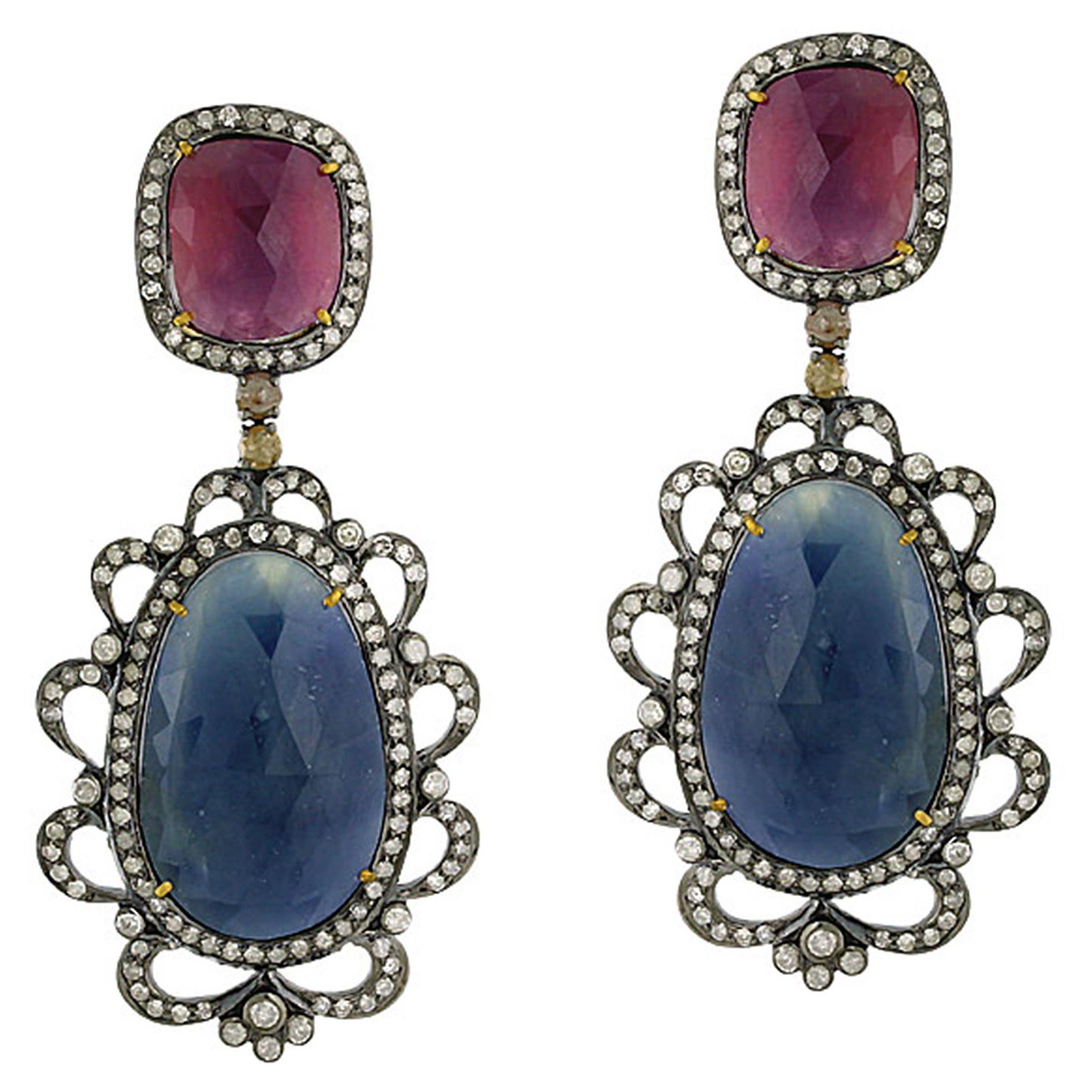 Boucles d'oreilles à deux niveaux en or 18 carats et argent avec saphirs multicolores et diamants