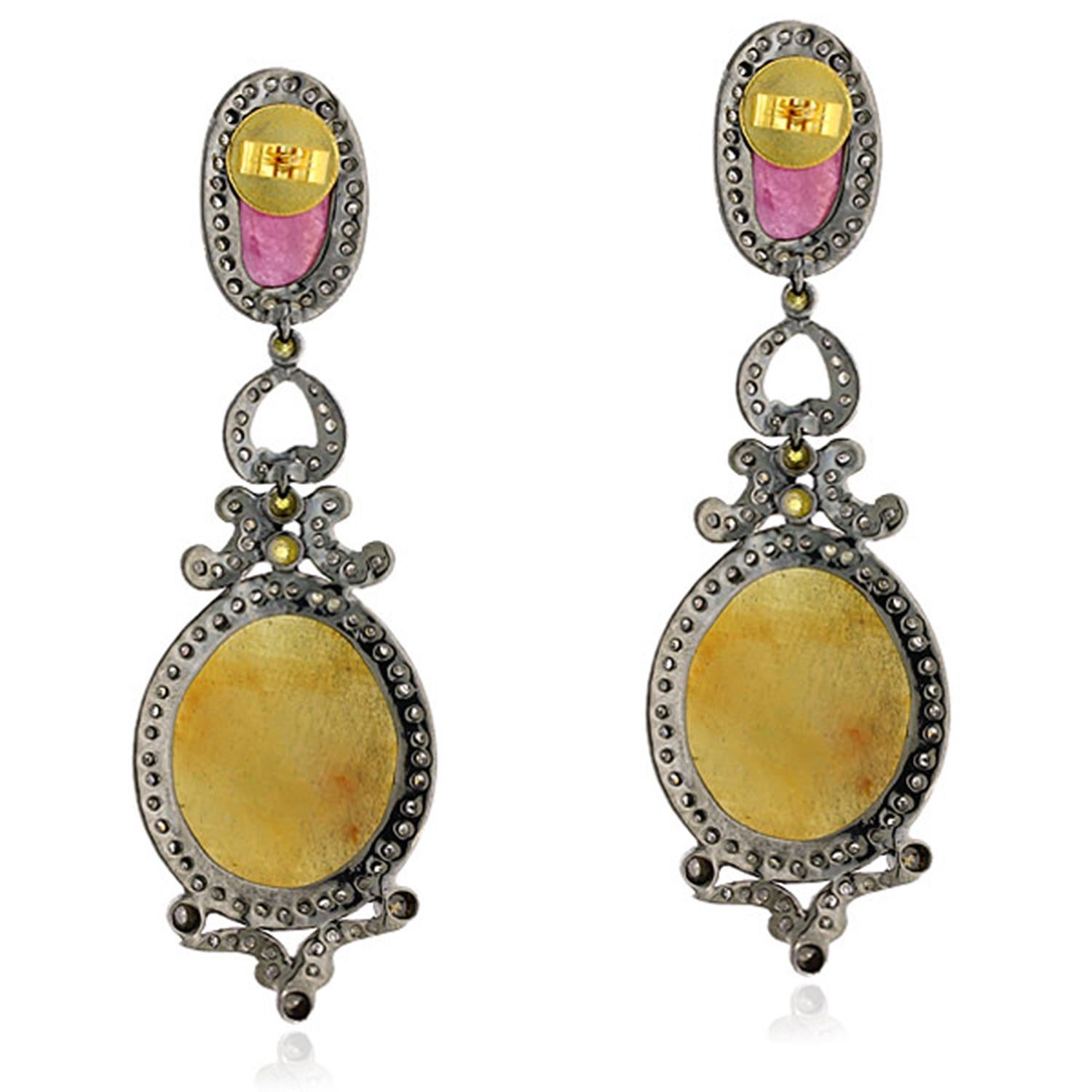 Art Deco Multi Colored Two Tier Sapphire Earrings with Diamonds Made in 18k Gold & Silver For Sale