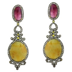 Multi Colored Two Tier Sapphire Earrings with Diamonds Made in 18k Gold & Silver