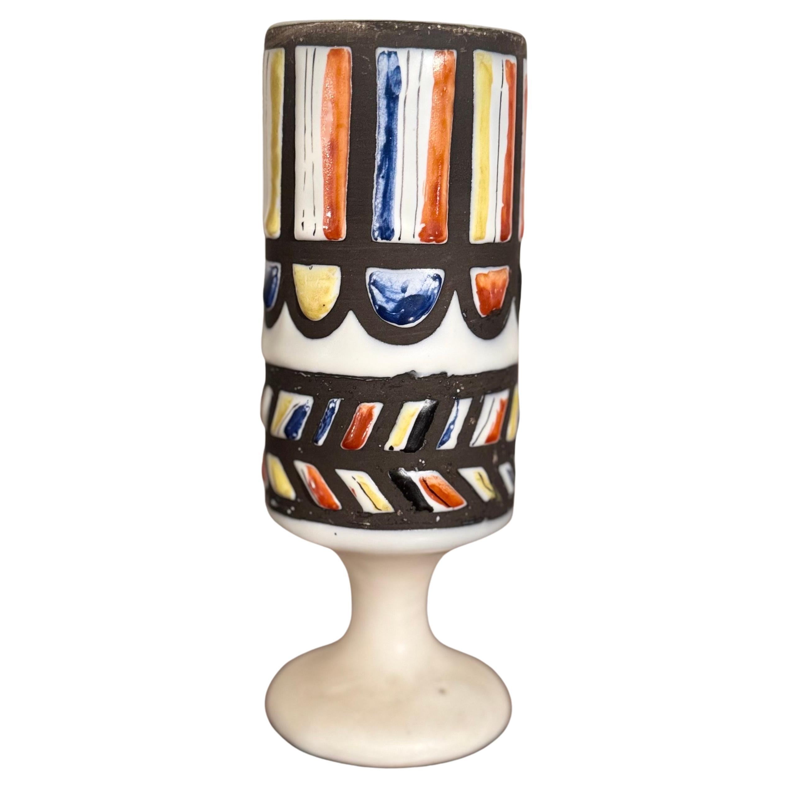 Iconic goblet, vase hand-painted with abstract décor in shades of white, blue, yellow, and red, outlined with black lines. The result is an almost architectural effect, characteristic of Capron’s modernist and decorative style.  A highly collectible