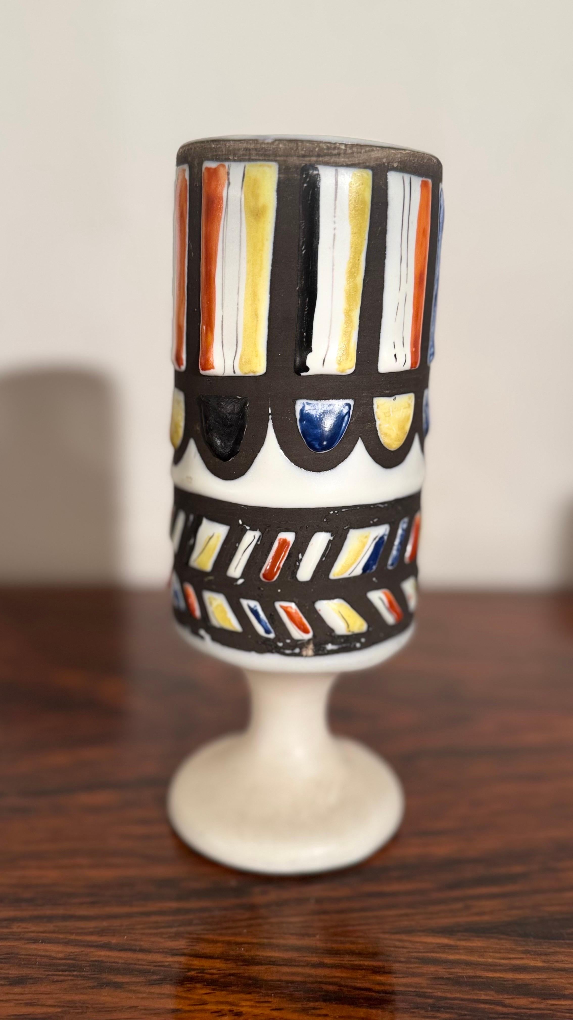Français Multi Colors Graphic Glazed Goblet, Vase Design by Roger Capron for Vallauris en vente