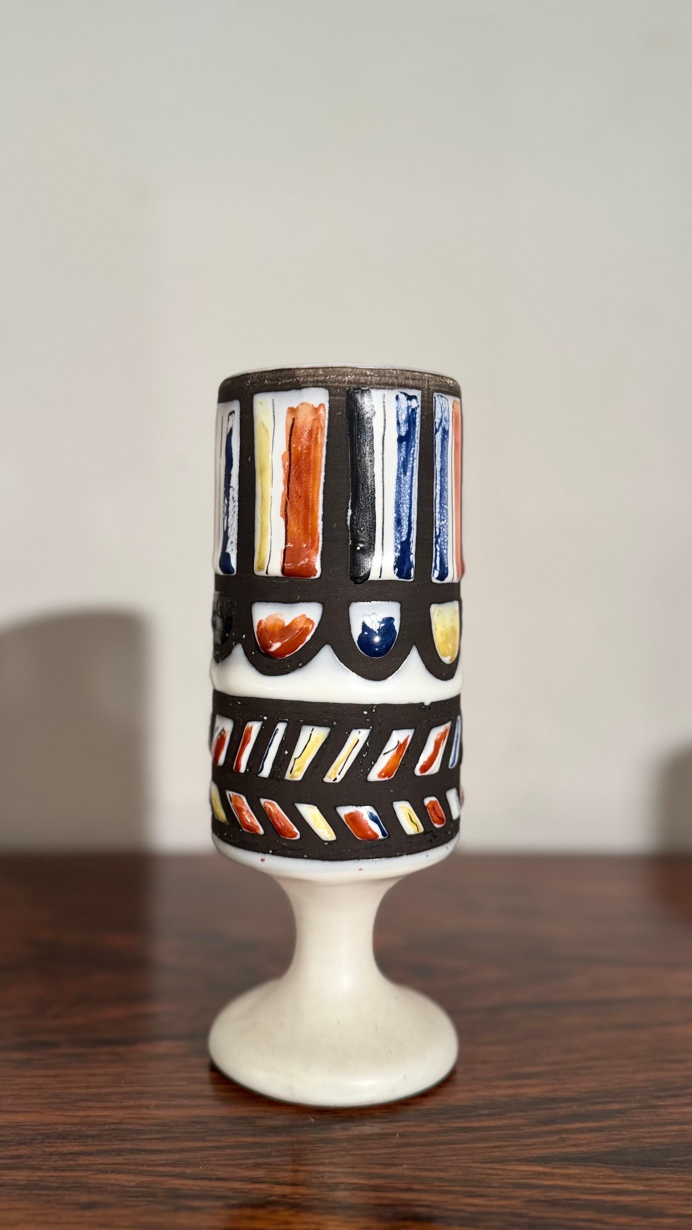 Multi Colors Graphic Glazed Goblet, Vase Design by Roger Capron for Vallauris en vente 1