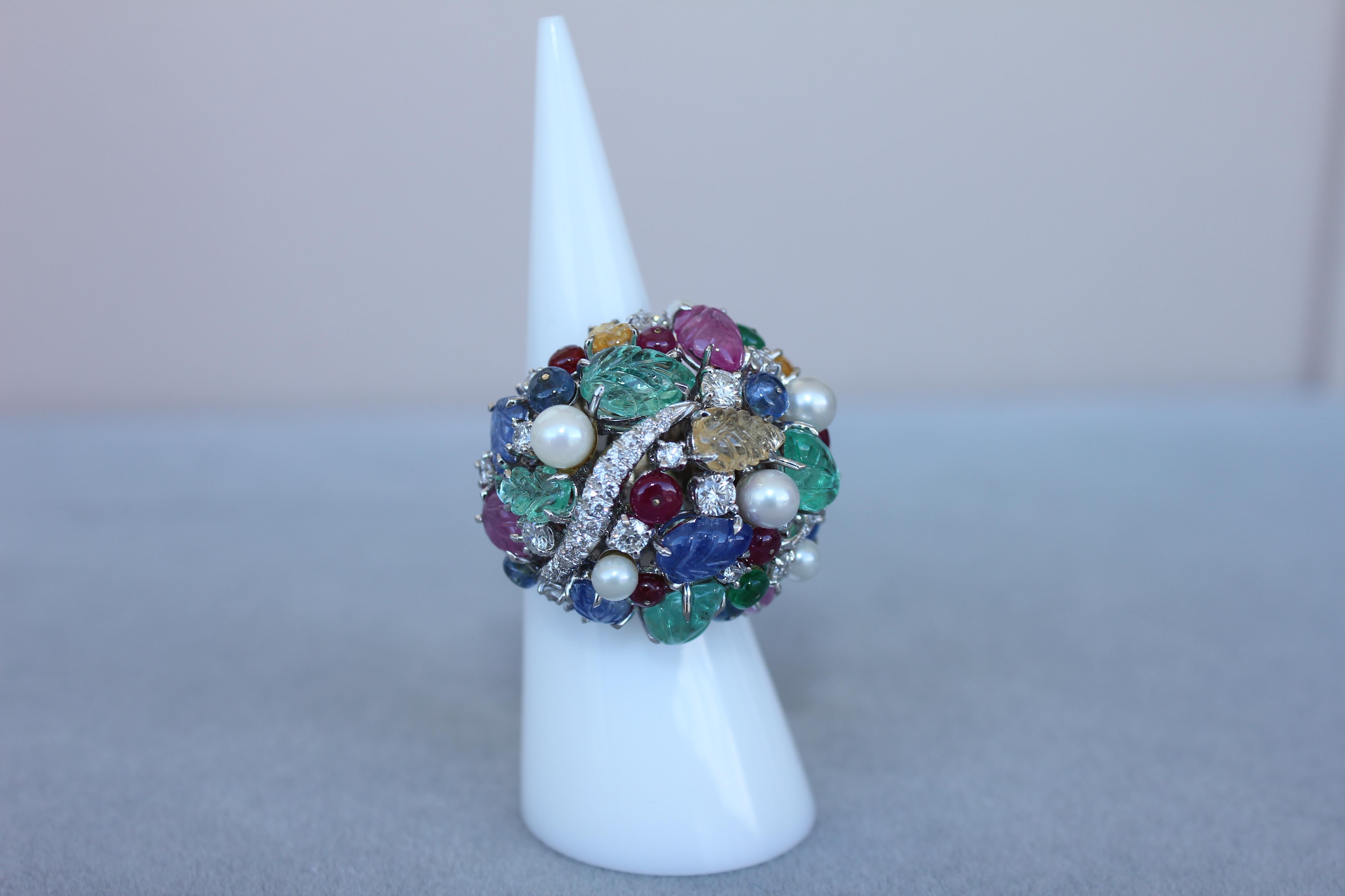 Multi Colors Sapphires Emeralds Ruby Diamond Scavia Unique 18K White Gold Ring For Sale 4