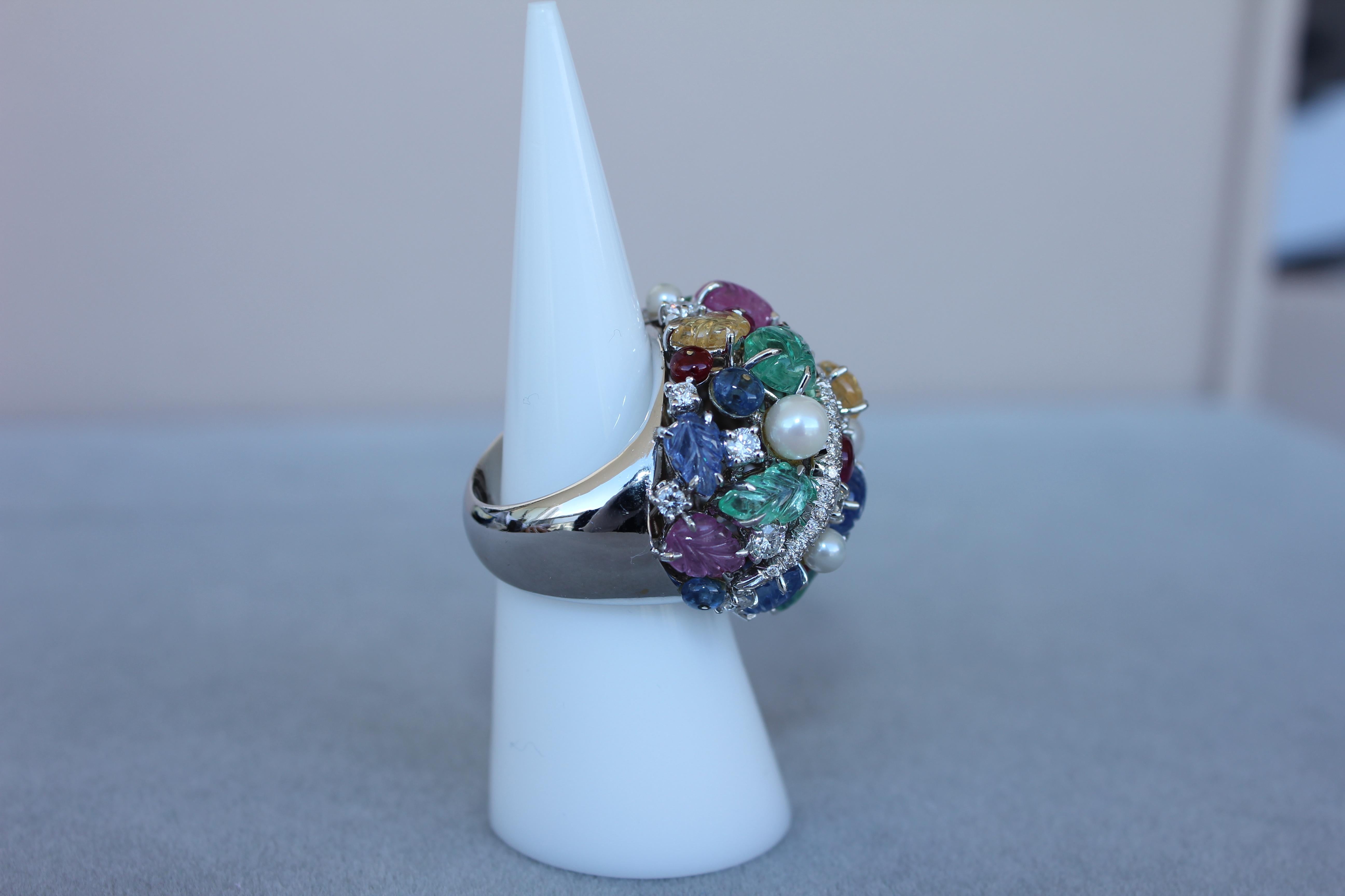 Multi Colors Sapphires Emeralds Ruby Diamond Scavia Unique 18K White Gold Ring For Sale 5