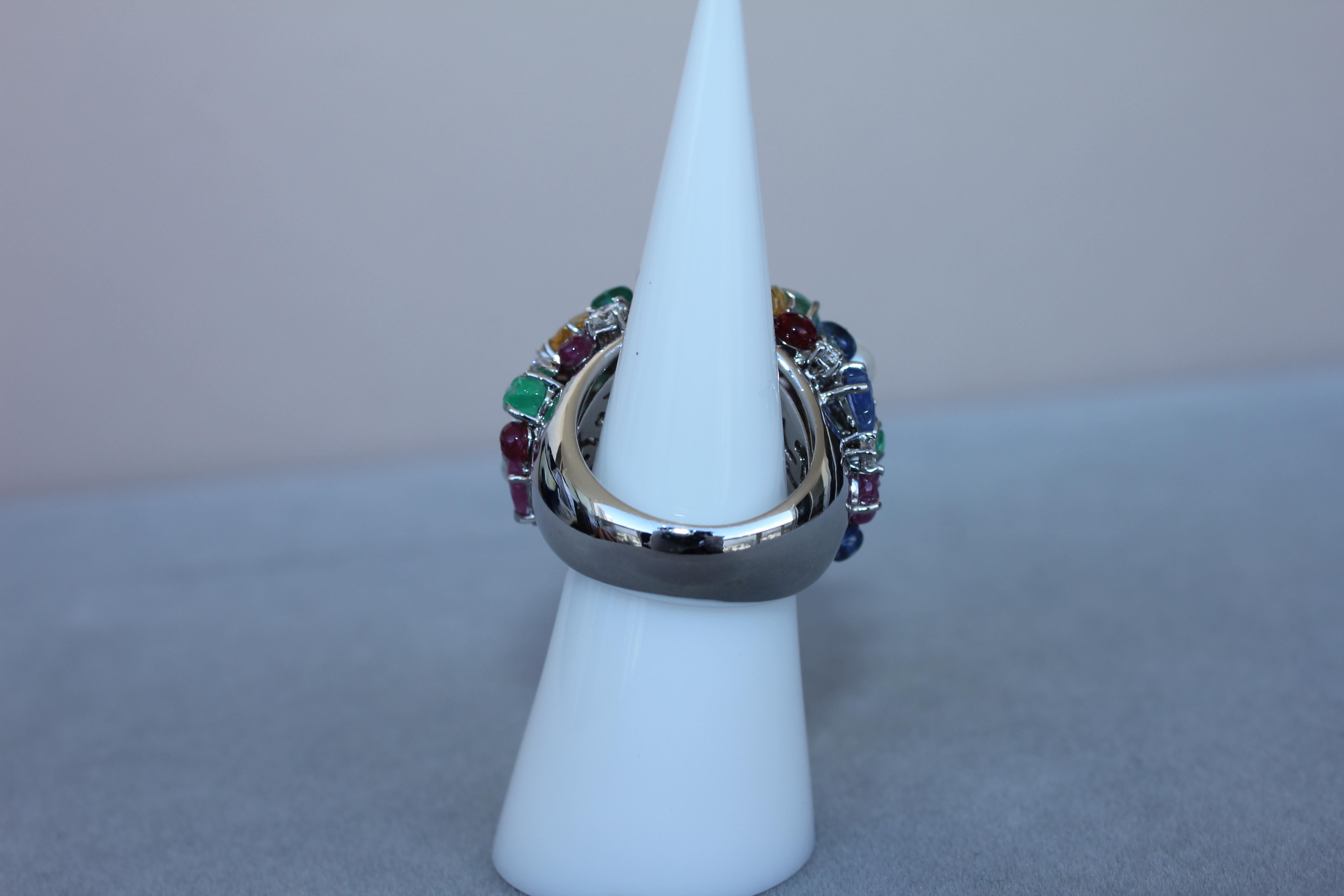 Multi Colors Sapphires Emeralds Ruby Diamond Scavia Unique 18K White Gold Ring For Sale 6