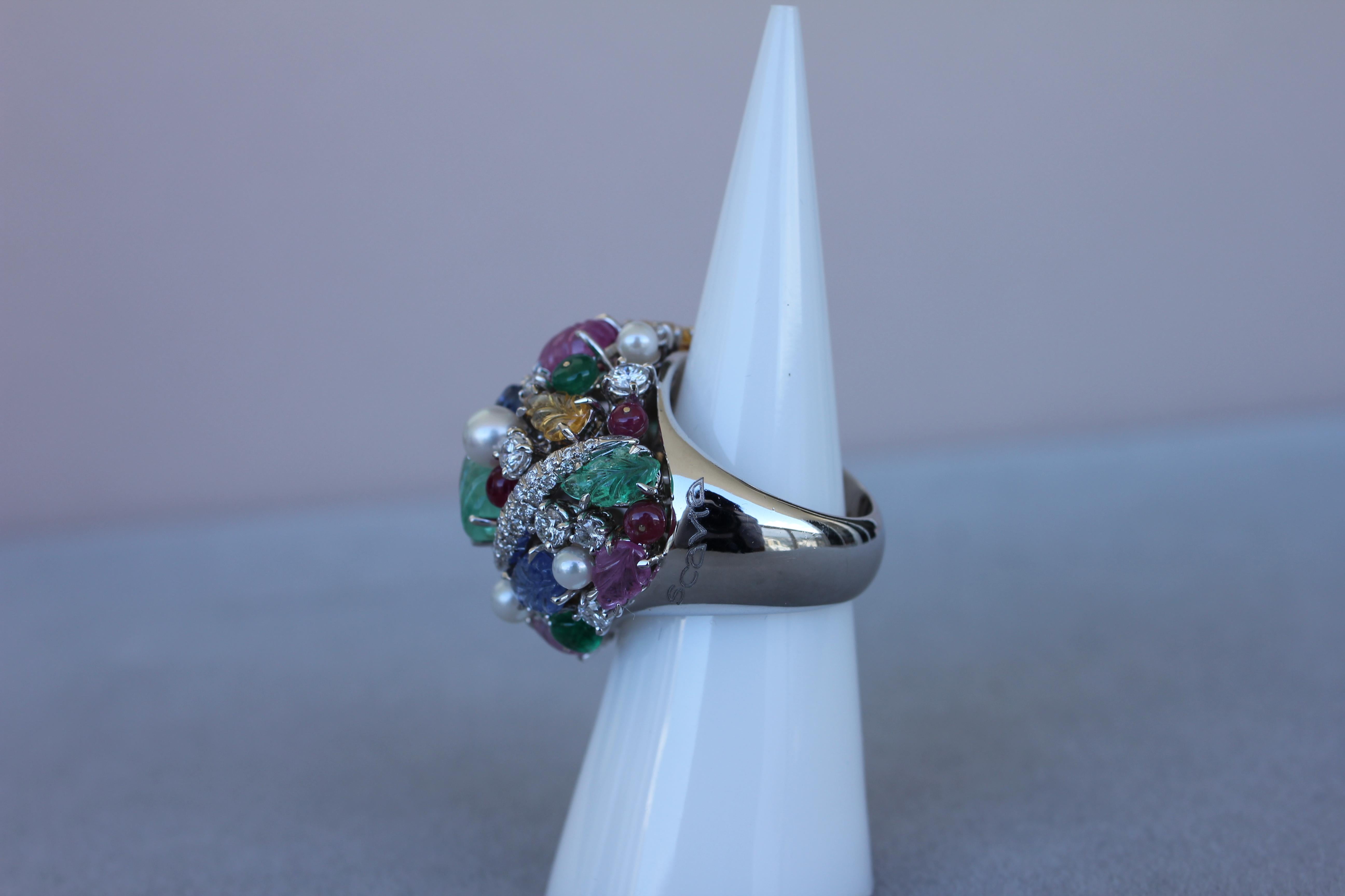 Multi Colors Sapphires Emeralds Ruby Diamond Scavia Unique 18K White Gold Ring For Sale 7