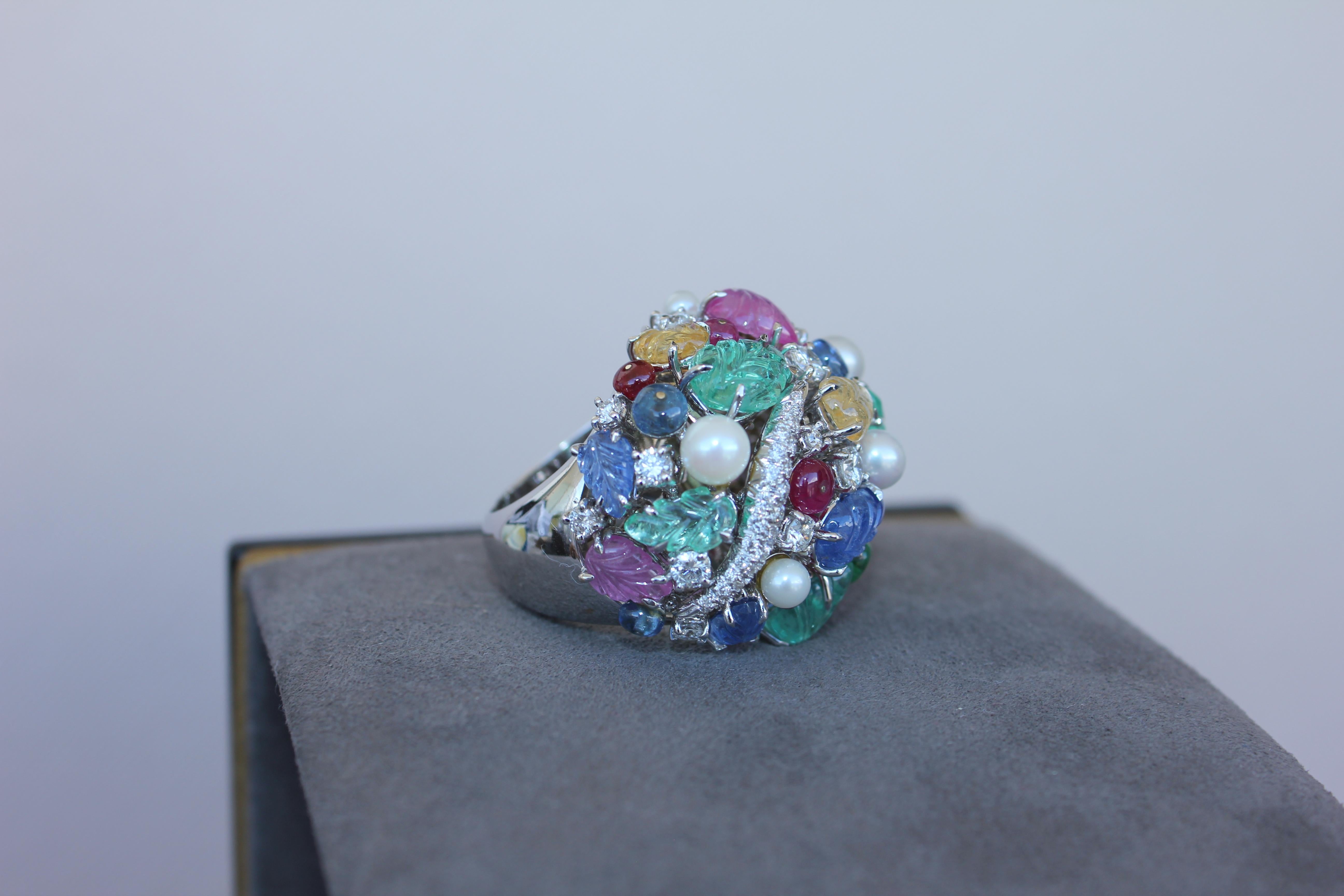 Multi Colors Sapphires Emeralds Ruby Diamond Scavia Unique 18K White Gold Ring For Sale 8