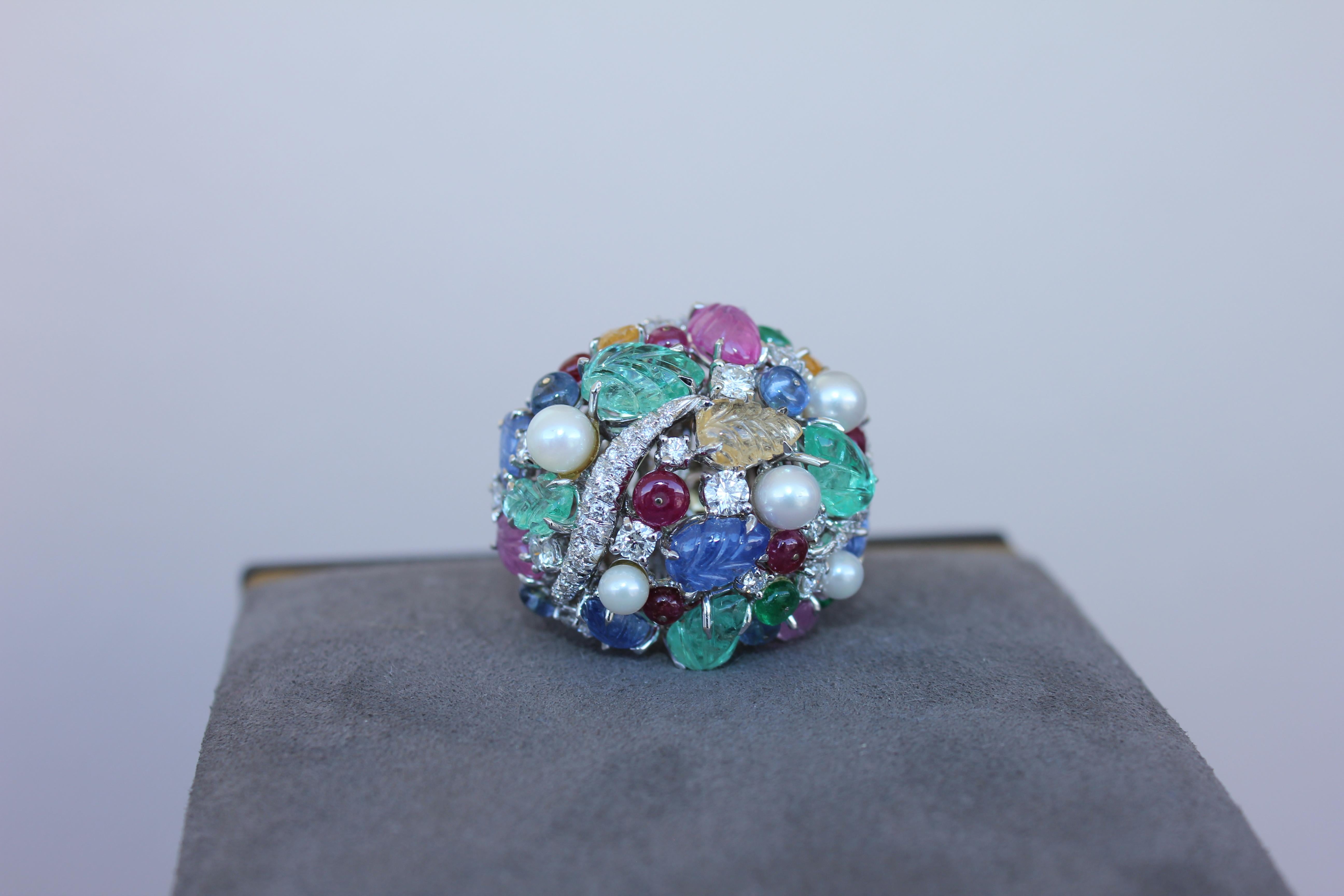 Multi Colors Sapphires Emeralds Ruby Diamond Scavia Unique 18K White Gold Ring For Sale 9